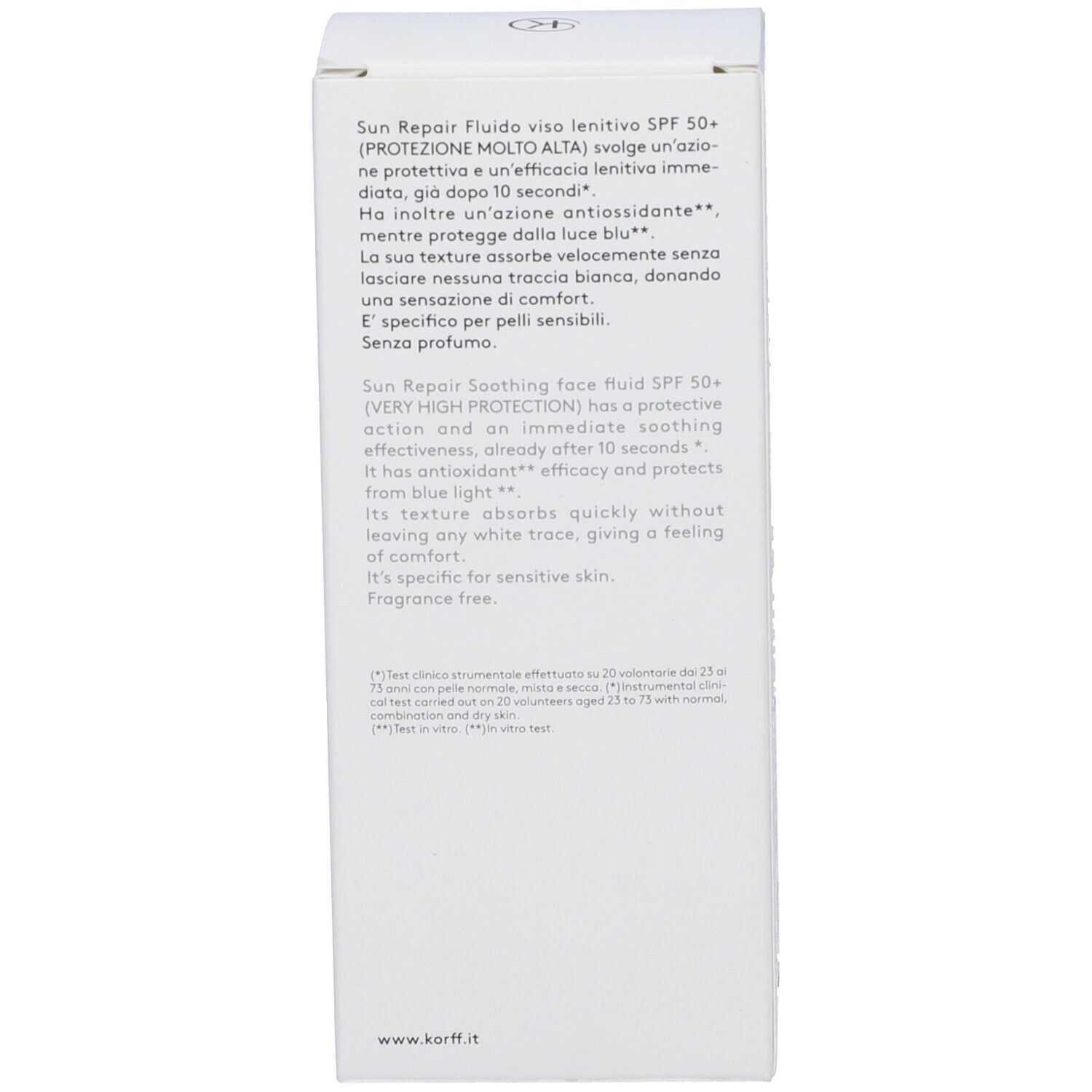 Lato della confezione Korff Sun Repair Fluido Viso Lenitivo Spf 50+. Testo con informazioni prodotto.
