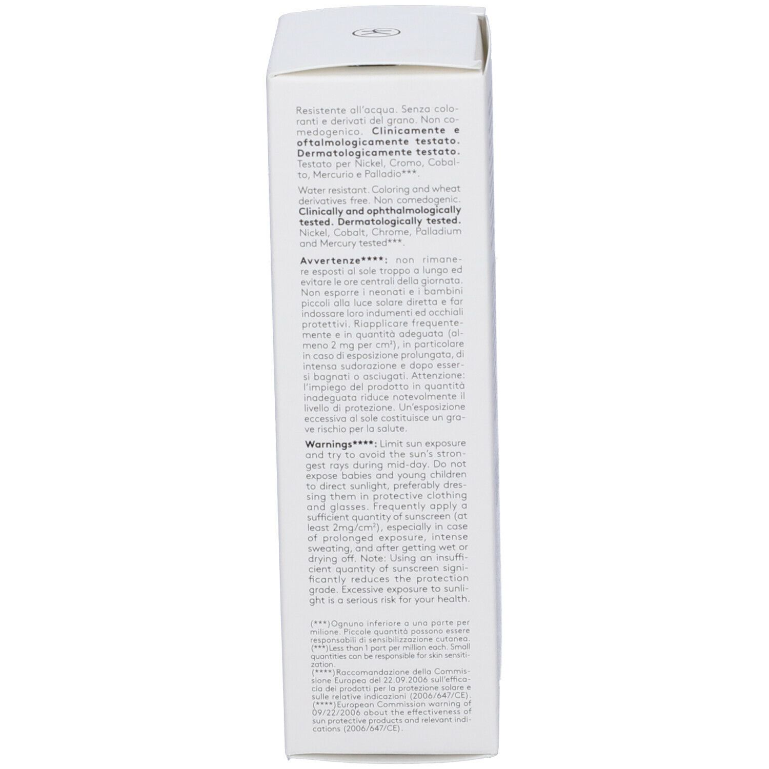 Lato della confezione Korff Sun Repair Fluido Viso Lenitivo Spf 50+. Testo con avvertenze e certificazioni.