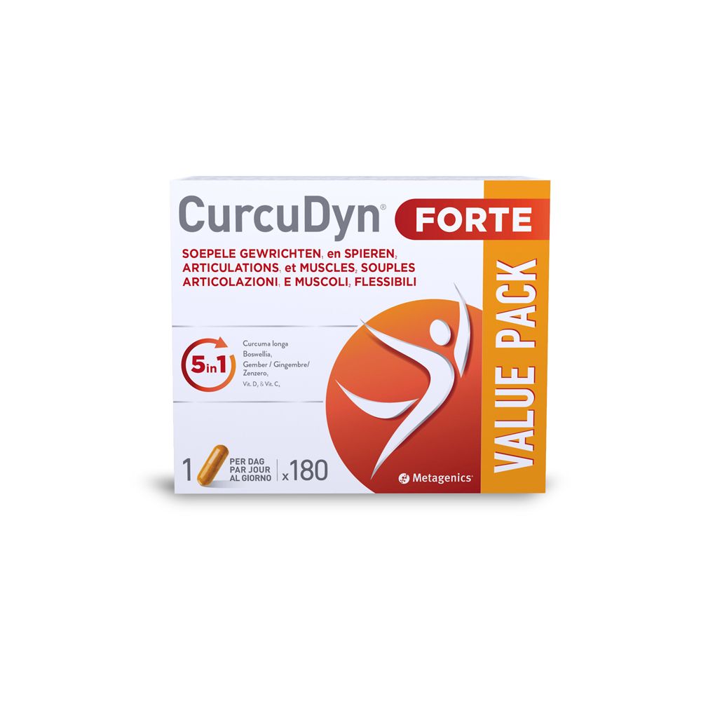Confezione CurcuDyn Forte. Contiene 180 capsule. Logo e testo multilingue. 'Value Pack'.