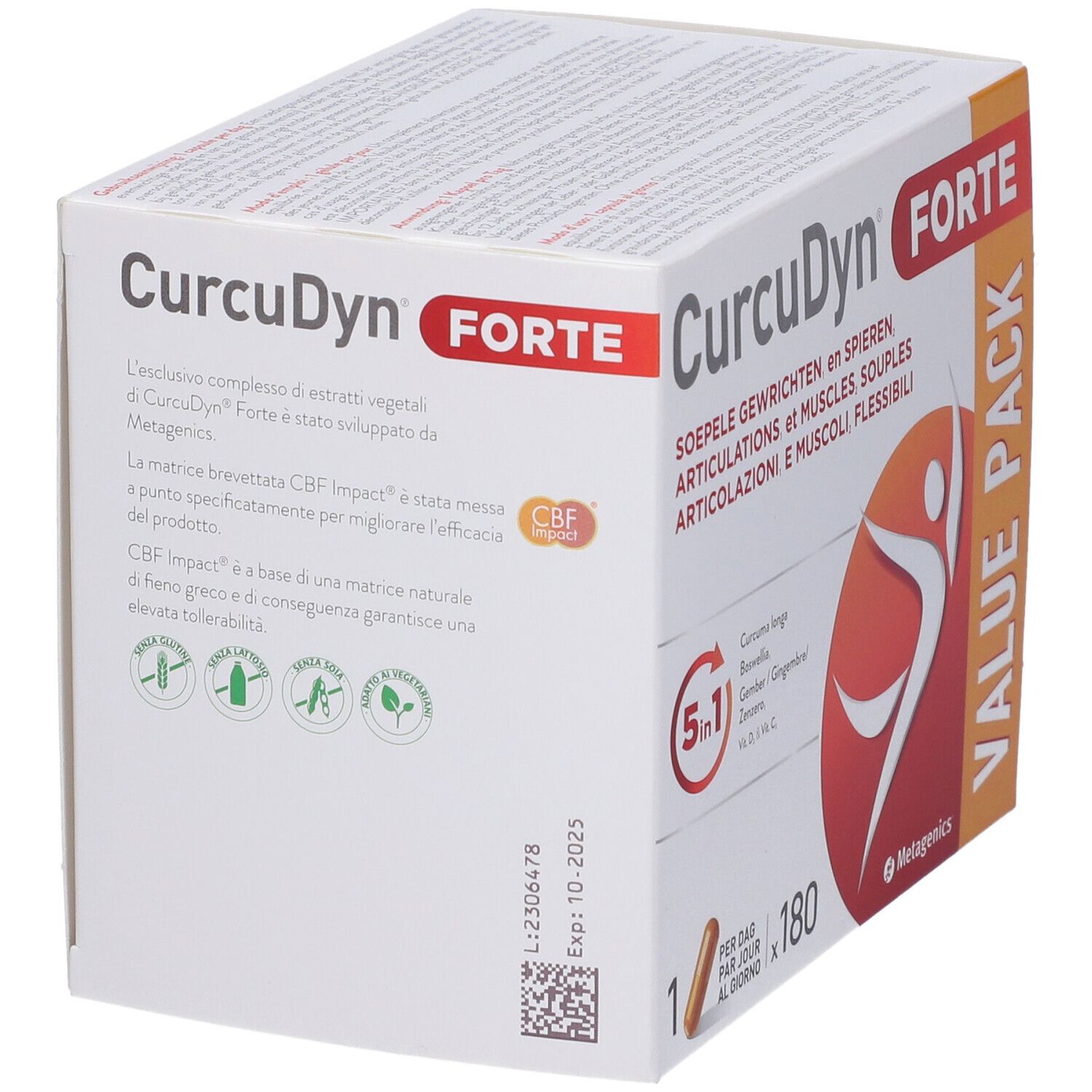 Scatola CurcuDyn Forte. Testo multilingue. 'Value Pack'. Logo e informazioni.