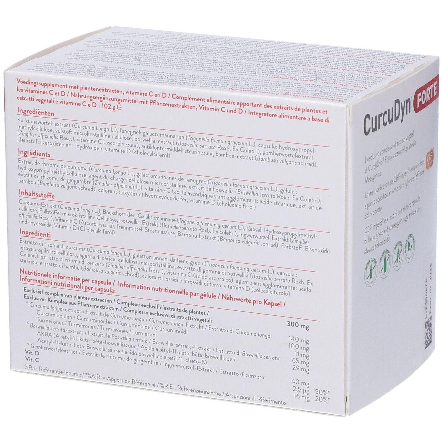 Retro della confezione CurcuDyn Forte. Testo multilingue. Ingredienti e informazioni nutrizionali.