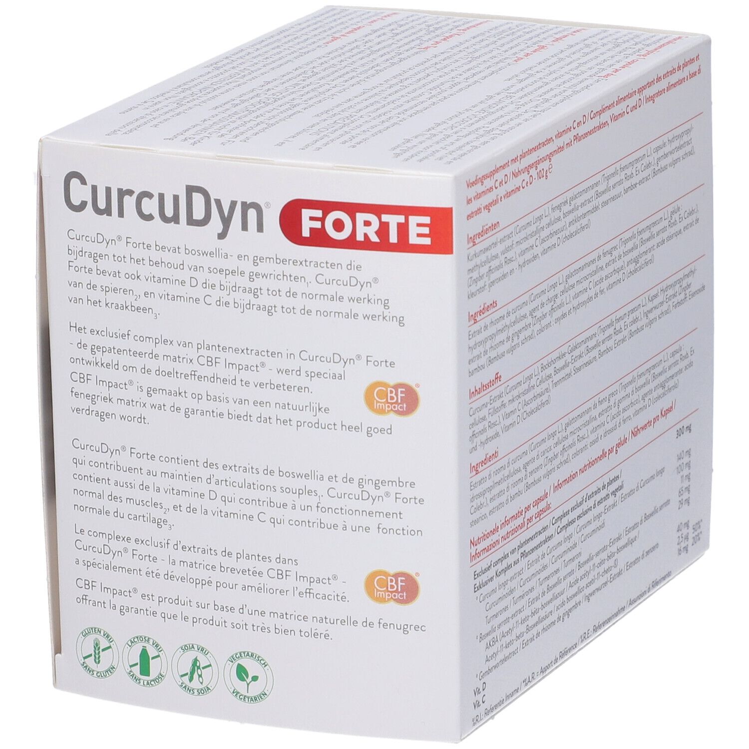 Lato della confezione CurcuDyn Forte. Testo multilingue. Descrizione del prodotto.