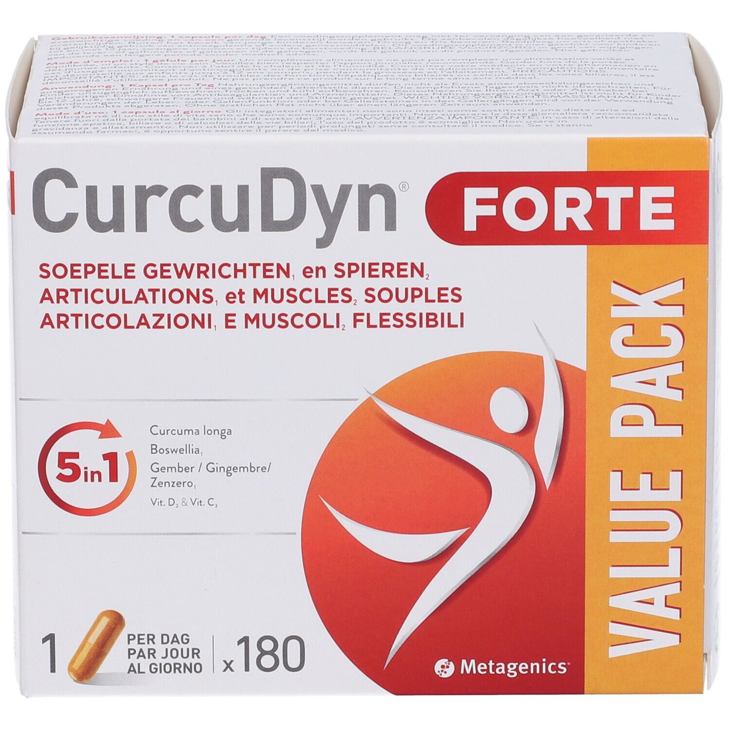 Scatola CurcuDyn Forte. Contiene 180 capsule. Testo multilingue e logo.
