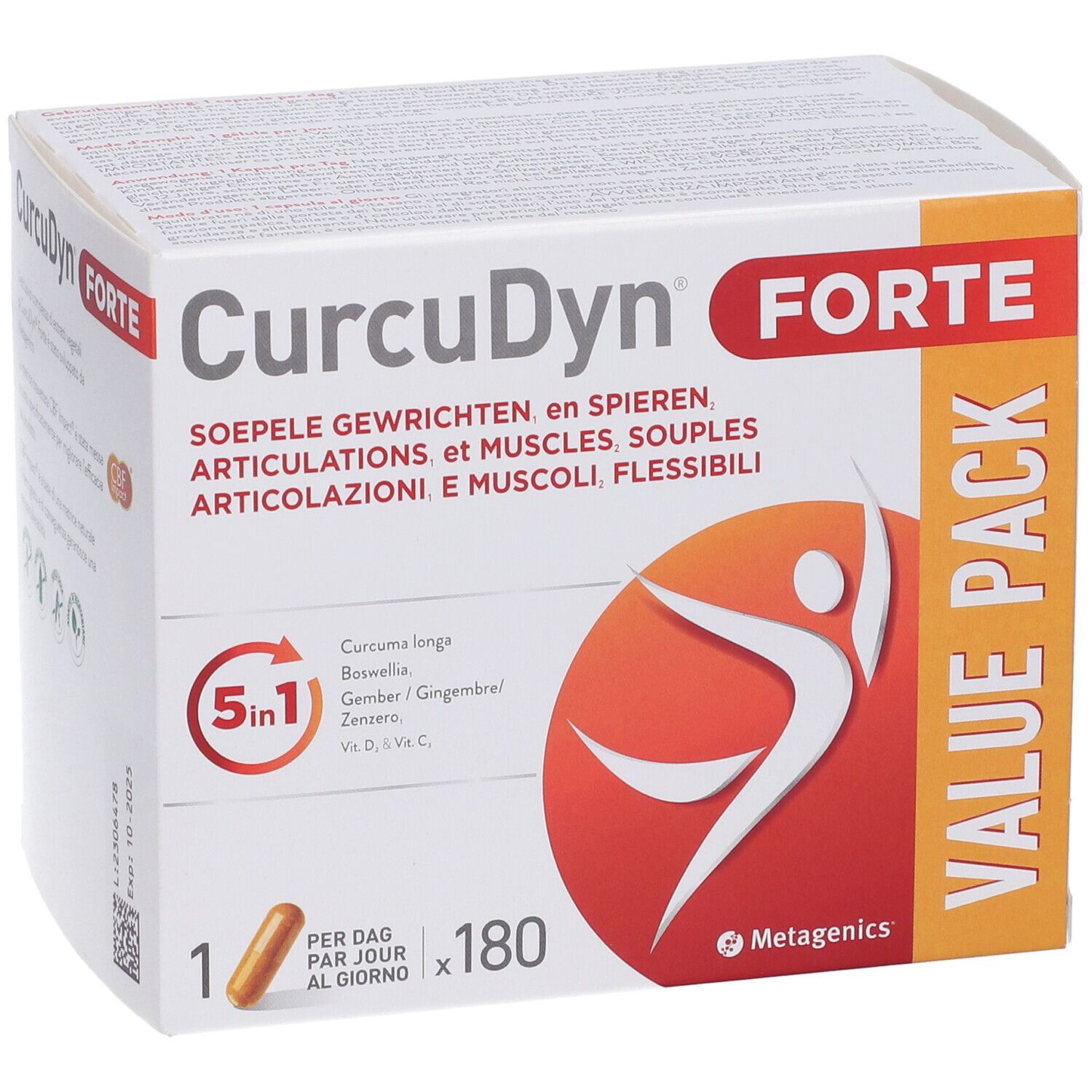 Scatola CurcuDyn Forte. Contiene 180 capsule. Testo multilingue e logo.