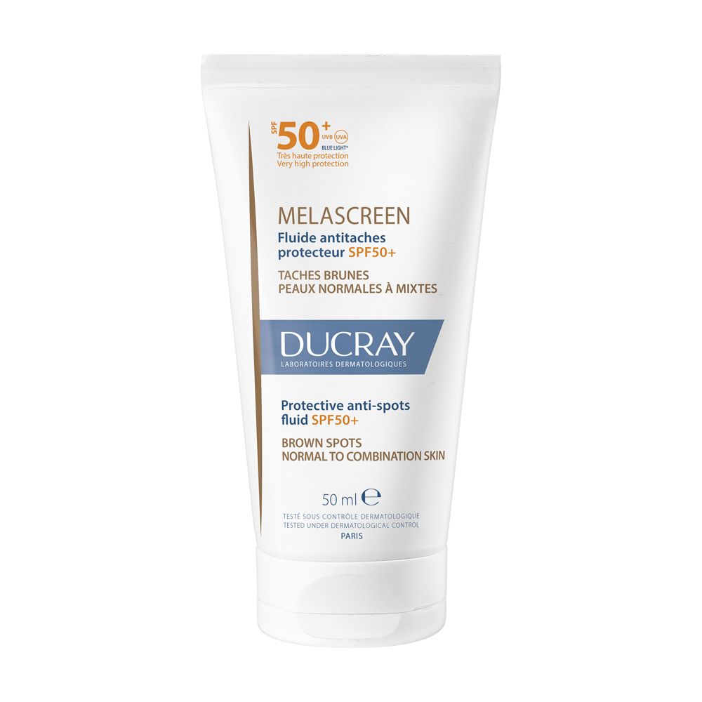 Tubo bianco con scritta Melascreen, SPF50+. Per pelli normali e miste. Marchio Ducray.