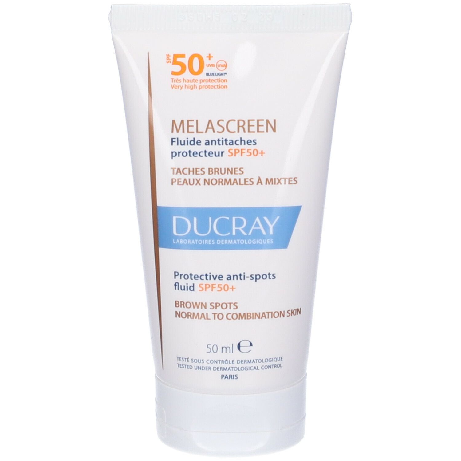 Tubo bianco con scritta Melascreen, SPF50+. Per pelli normali e miste. Marchio Ducray.