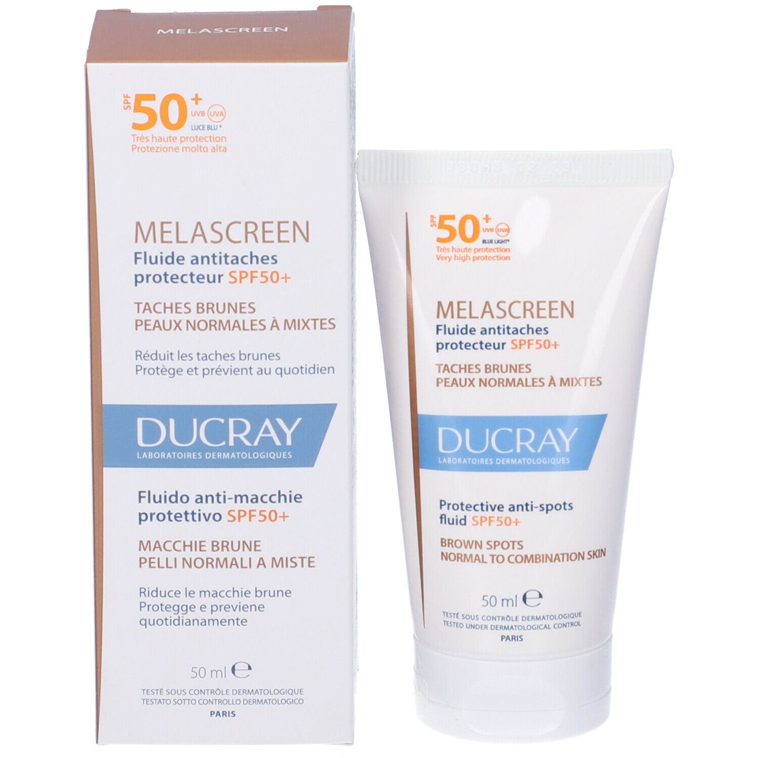 Tubo e confezione del prodotto. Melascreen Fluido anti-macchie protettivo SPF50+. Marchio Ducray.