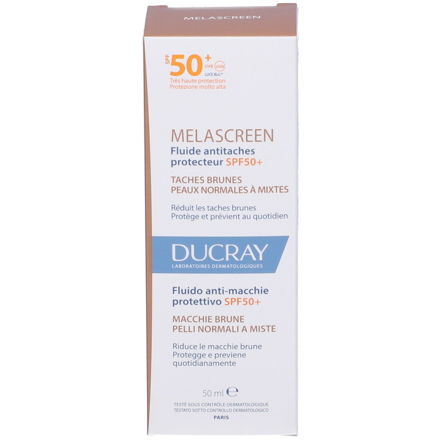 Confezione del prodotto. Melascreen Fluido anti-macchie protettivo SPF50+. Marchio Ducray.
