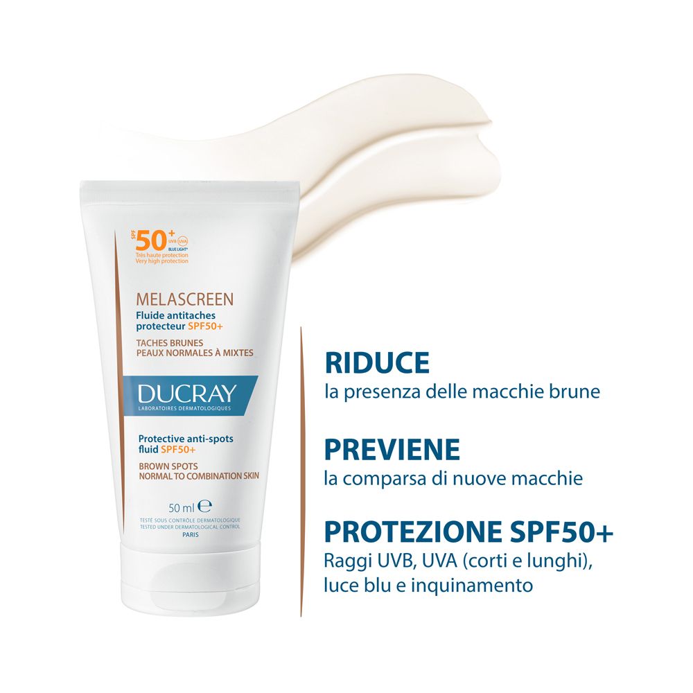 Tubo con SPF50+. Riduce e previene le macchie brune. Testo in italiano.