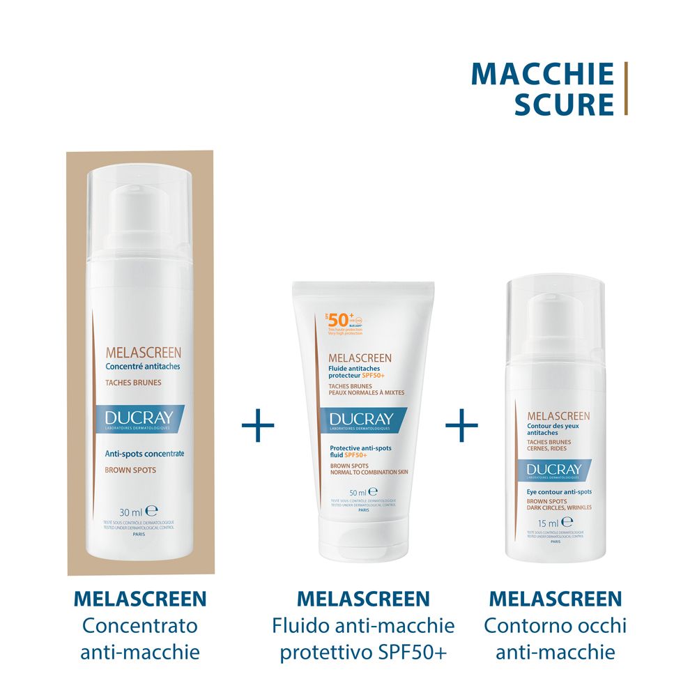 Tre prodotti: Melascreen Concentrato, Fluido anti-macchie SPF50+, e Contorno occhi anti-macchie.