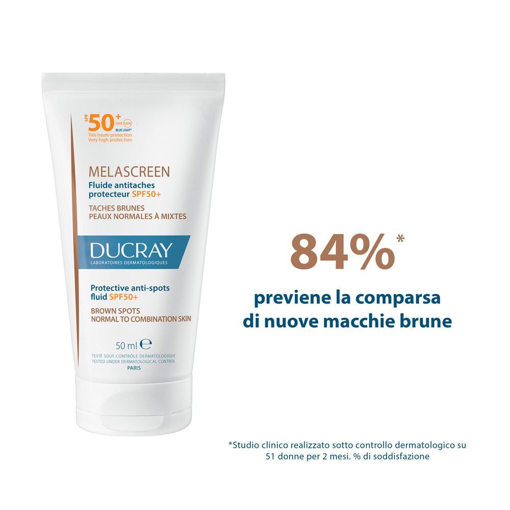 Tubo con SPF50+. 84% prevengono le macchie brune. Testo in italiano.