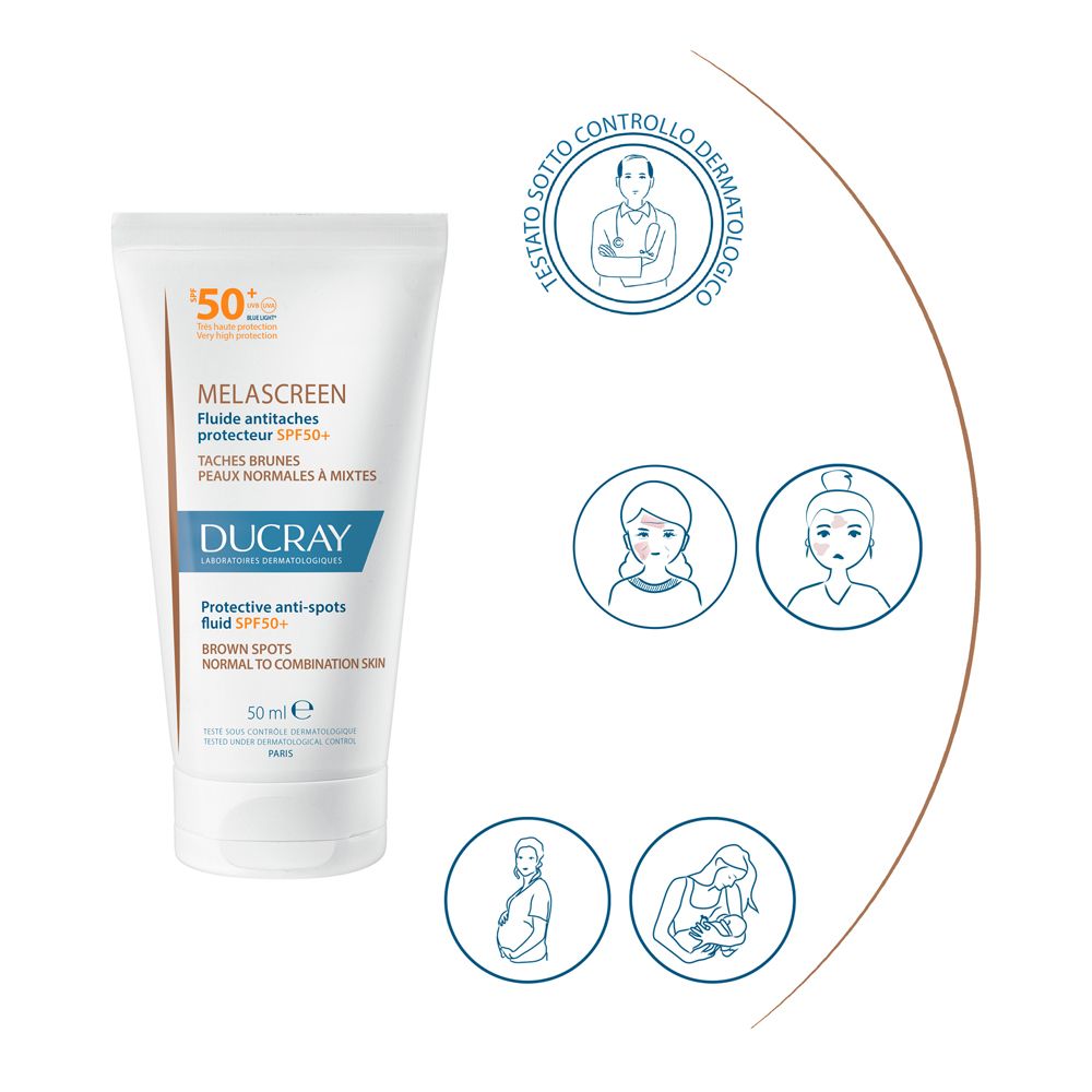 Tubo con SPF50+. Testato dermatologicamente. Illustrazioni di volti.
