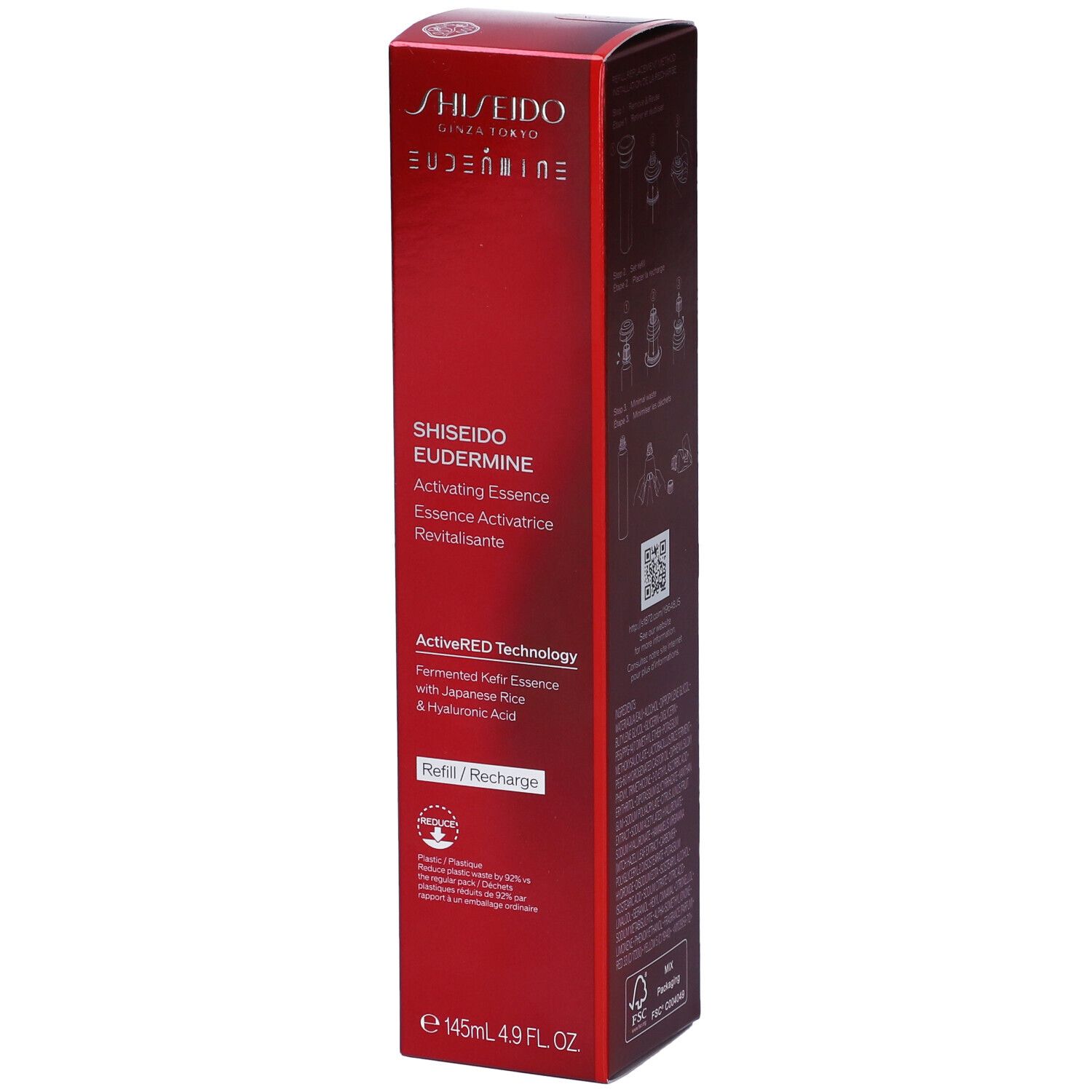 Scatola rossa con informazioni sul prodotto. Scritta: Shiseido Eudermine Activating Essence. Contiene informazioni su ingredienti e tecnologia.