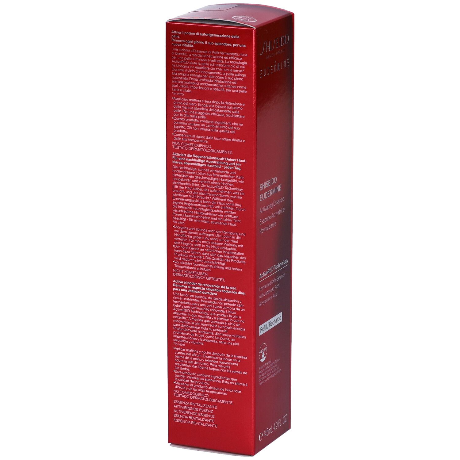 Retro della scatola rossa. Testo in più lingue. Contiene informazioni sul prodotto, ingredienti e istruzioni.