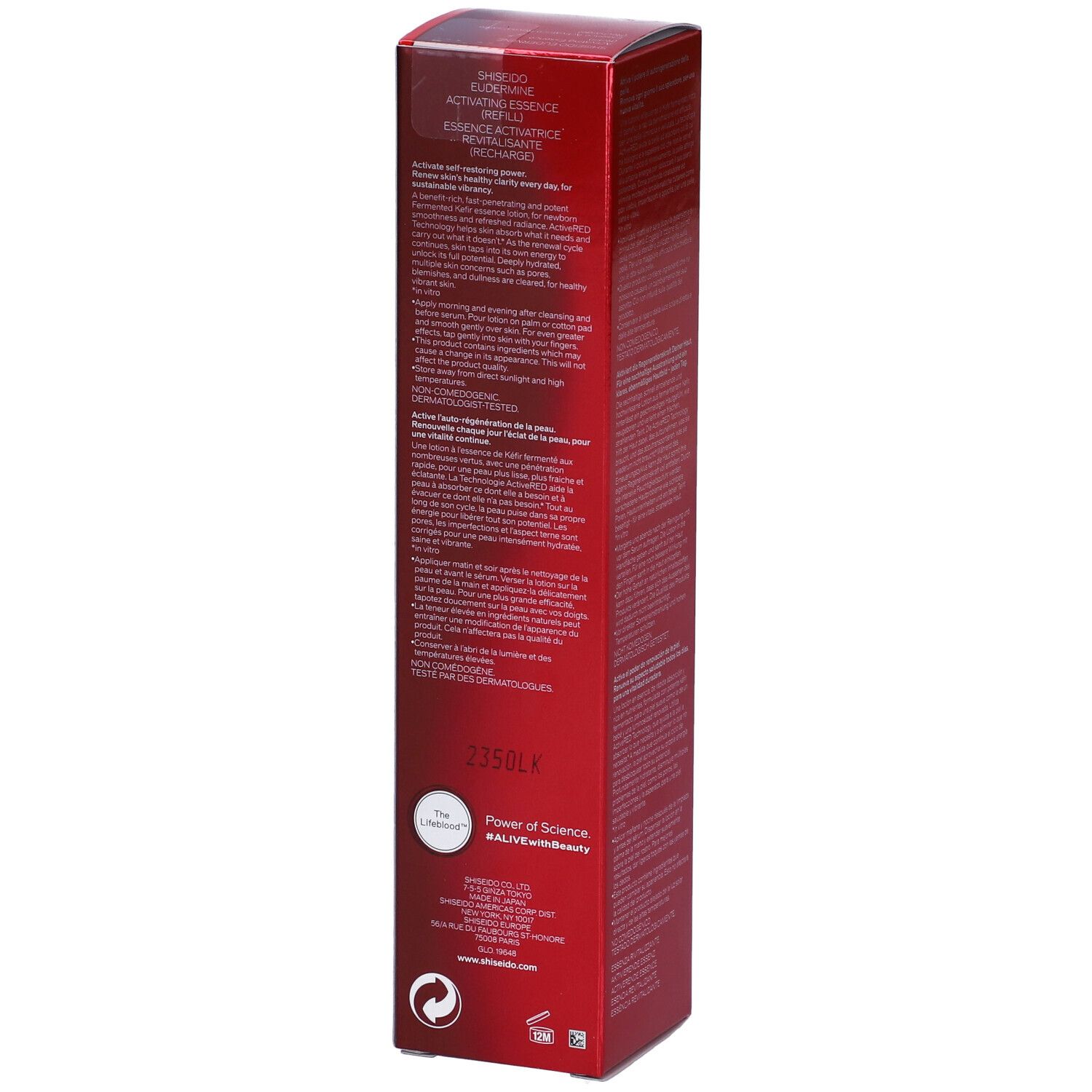 Retro della scatola rossa. Testo in più lingue. Contiene informazioni sul prodotto, ingredienti e istruzioni.