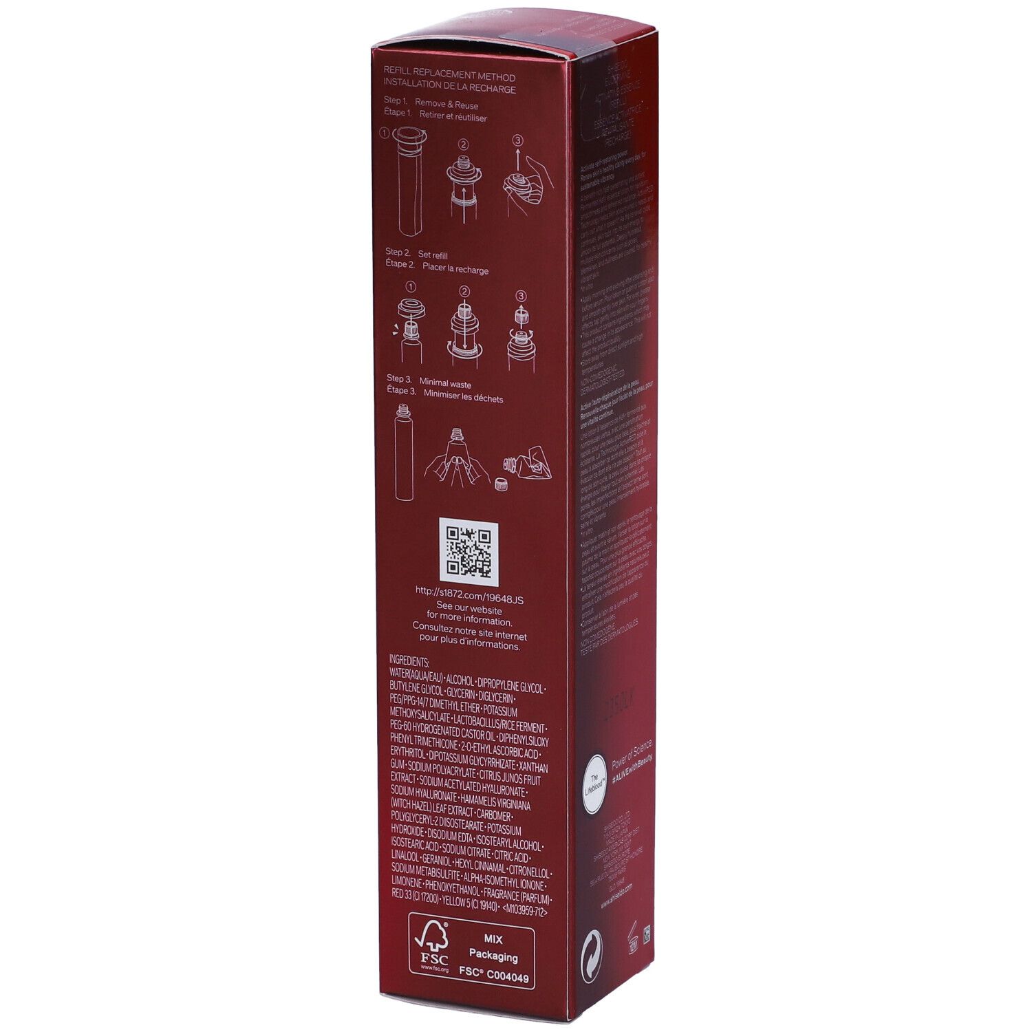 Retro della scatola rossa. Istruzioni grafiche per la ricarica. Contiene informazioni su ingredienti e certificazioni.