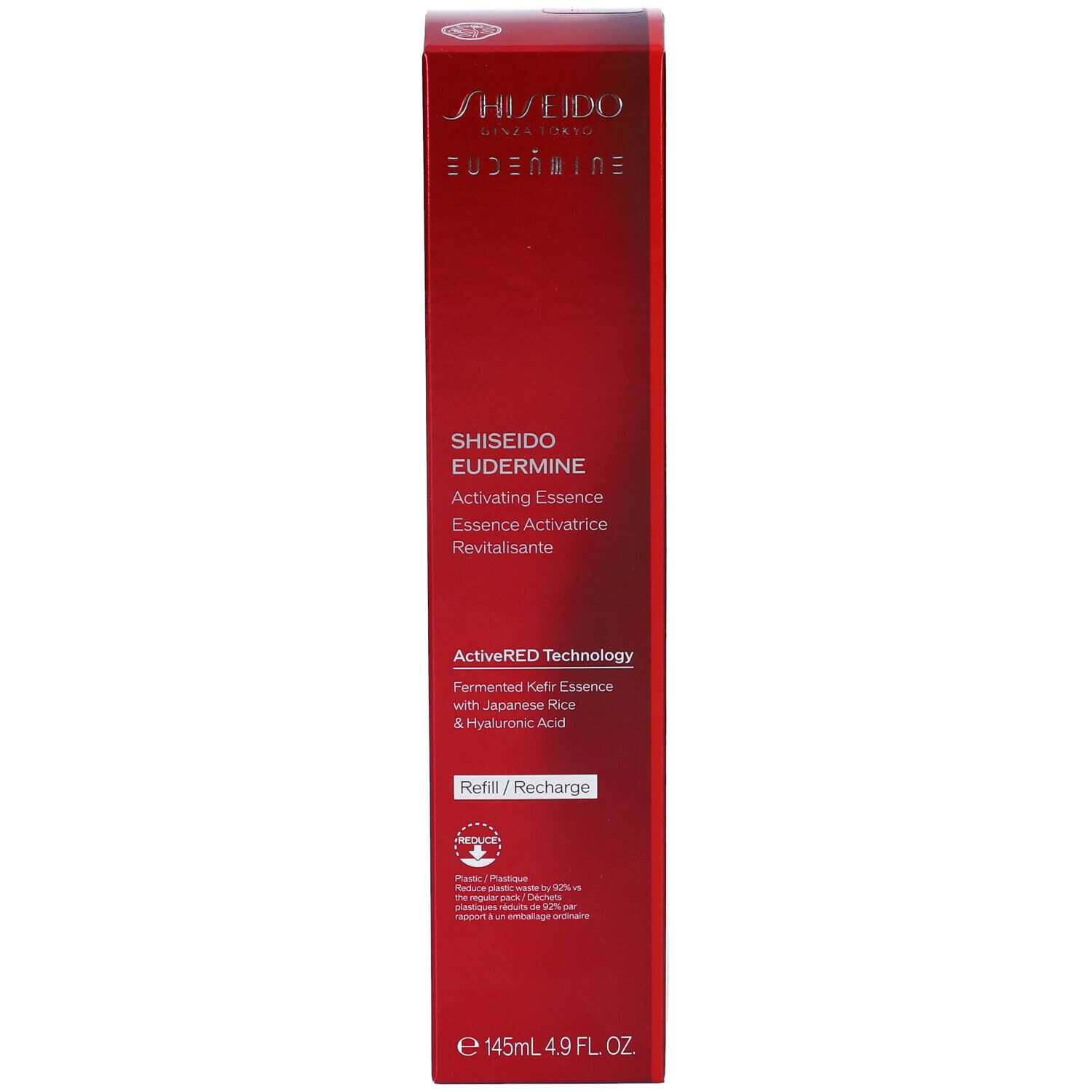 Scatola rossa con informazioni sul prodotto. Scritta: Shiseido Eudermine Activating Essence. Contiene informazioni su ingredienti e tecnologia.