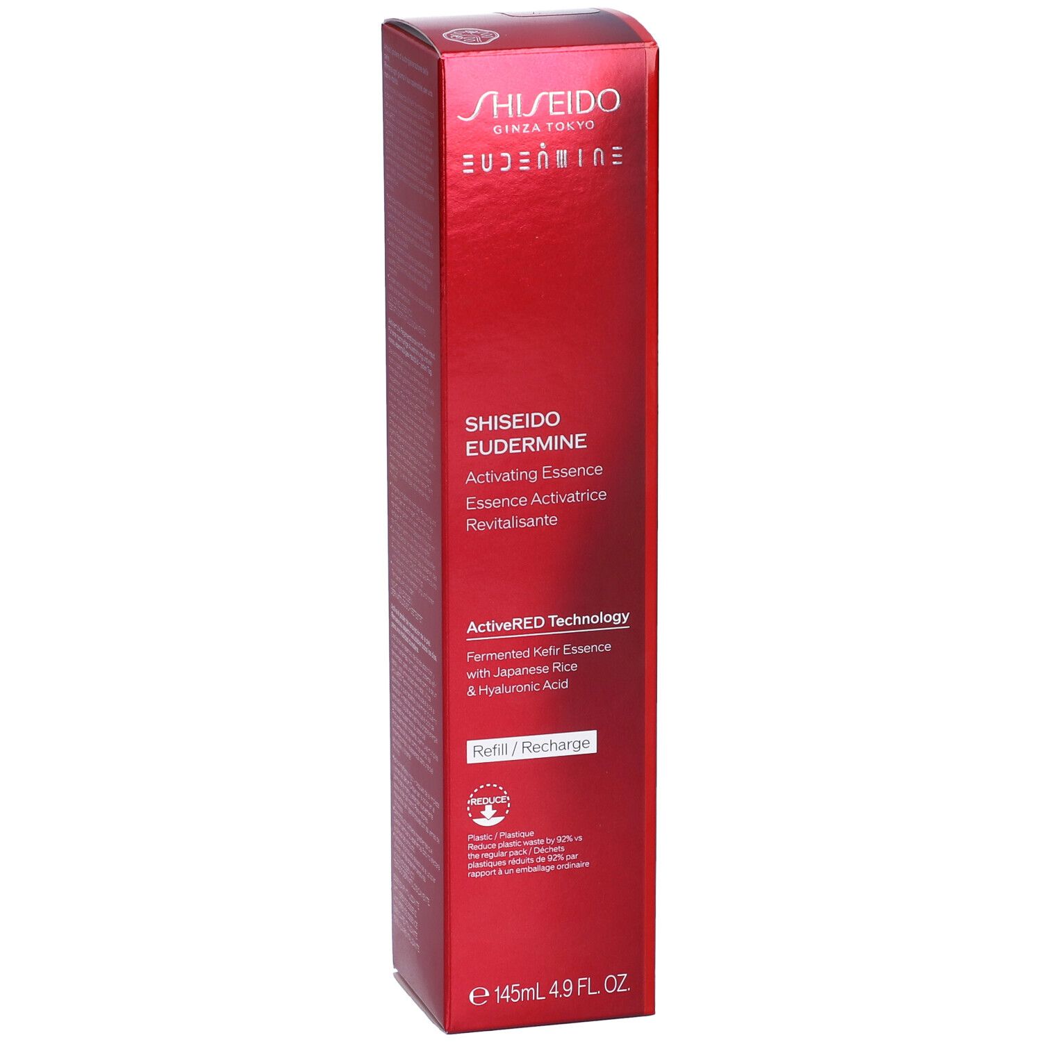 Scatola rossa con informazioni sul prodotto. Scritta: Shiseido Eudermine Activating Essence. Contiene informazioni su ingredienti e tecnologia.