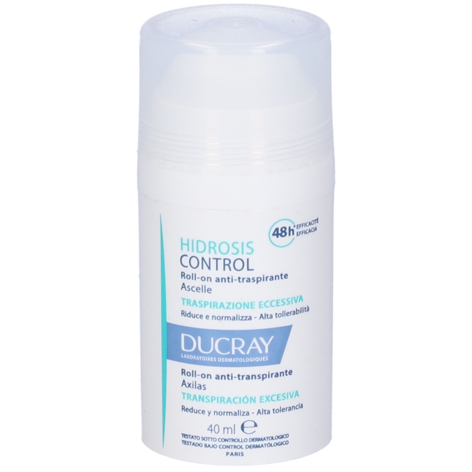 Roll-on bianco con tappo. Scritta: Hidrosis Control, Ducray. Anti-traspirante per ascelle.