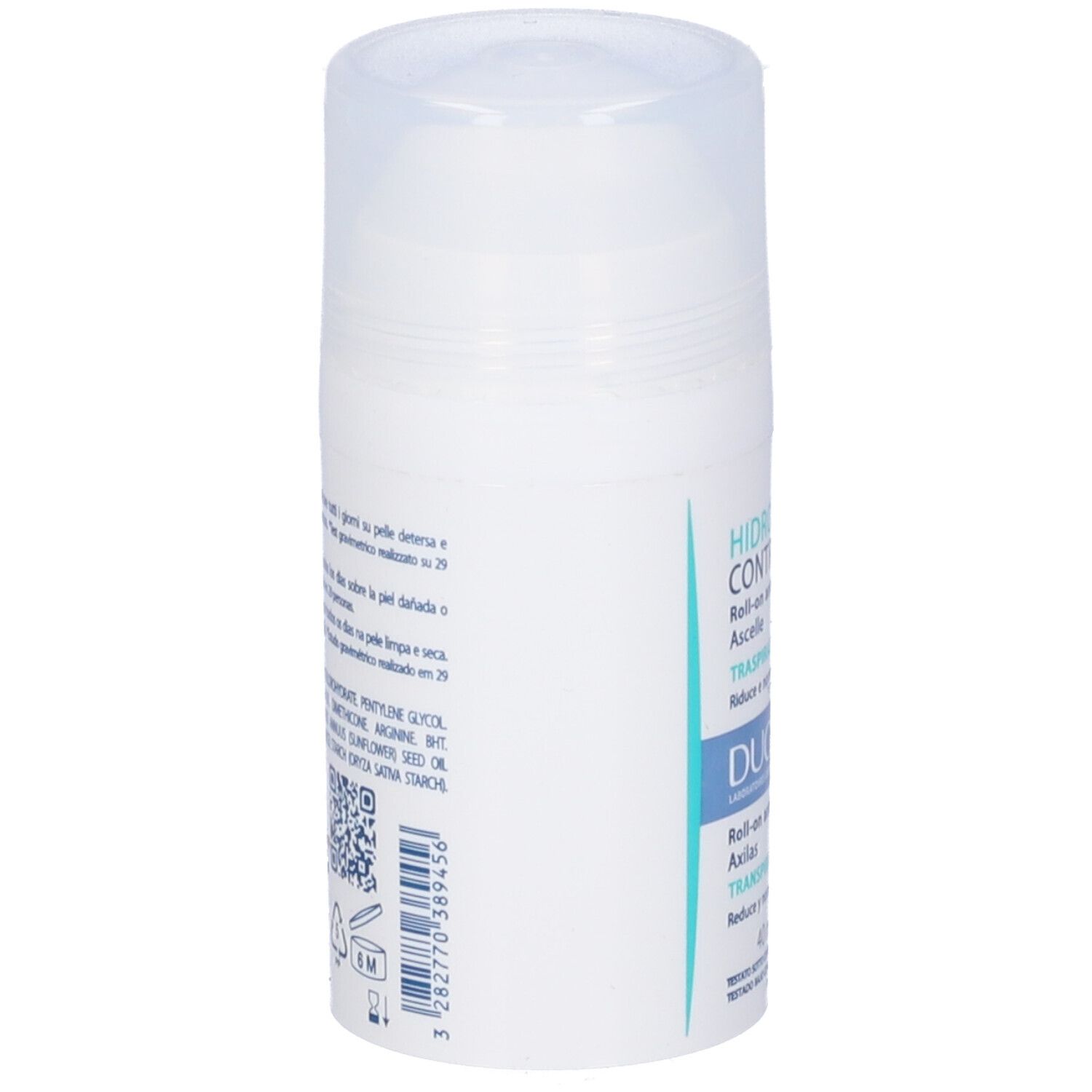 Retro del roll-on bianco. Testo: ingredienti, istruzioni per l'uso, informazioni sul produttore.