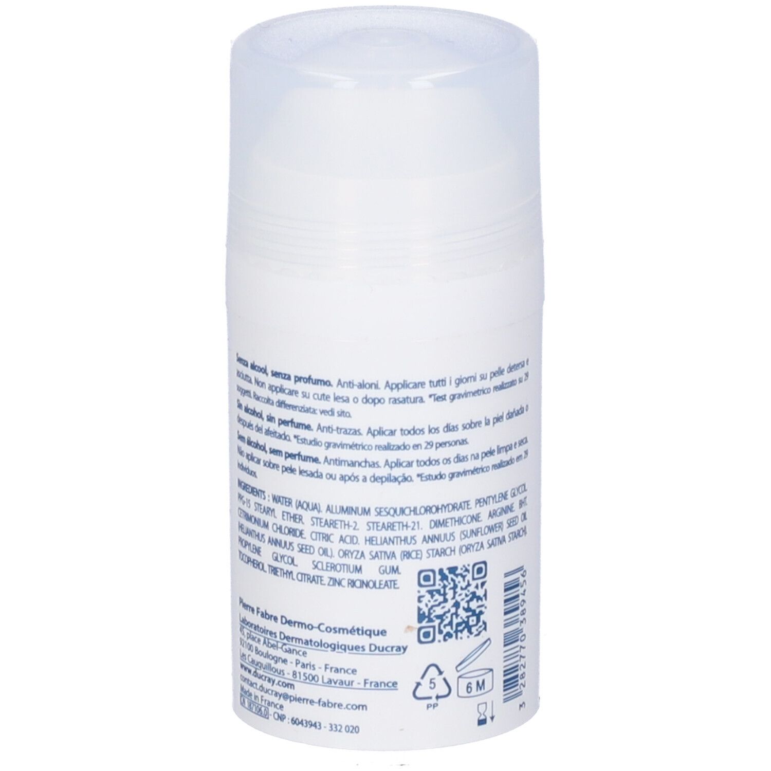 Retro del roll-on bianco. Testo: ingredienti, istruzioni per l'uso, informazioni sul produttore.