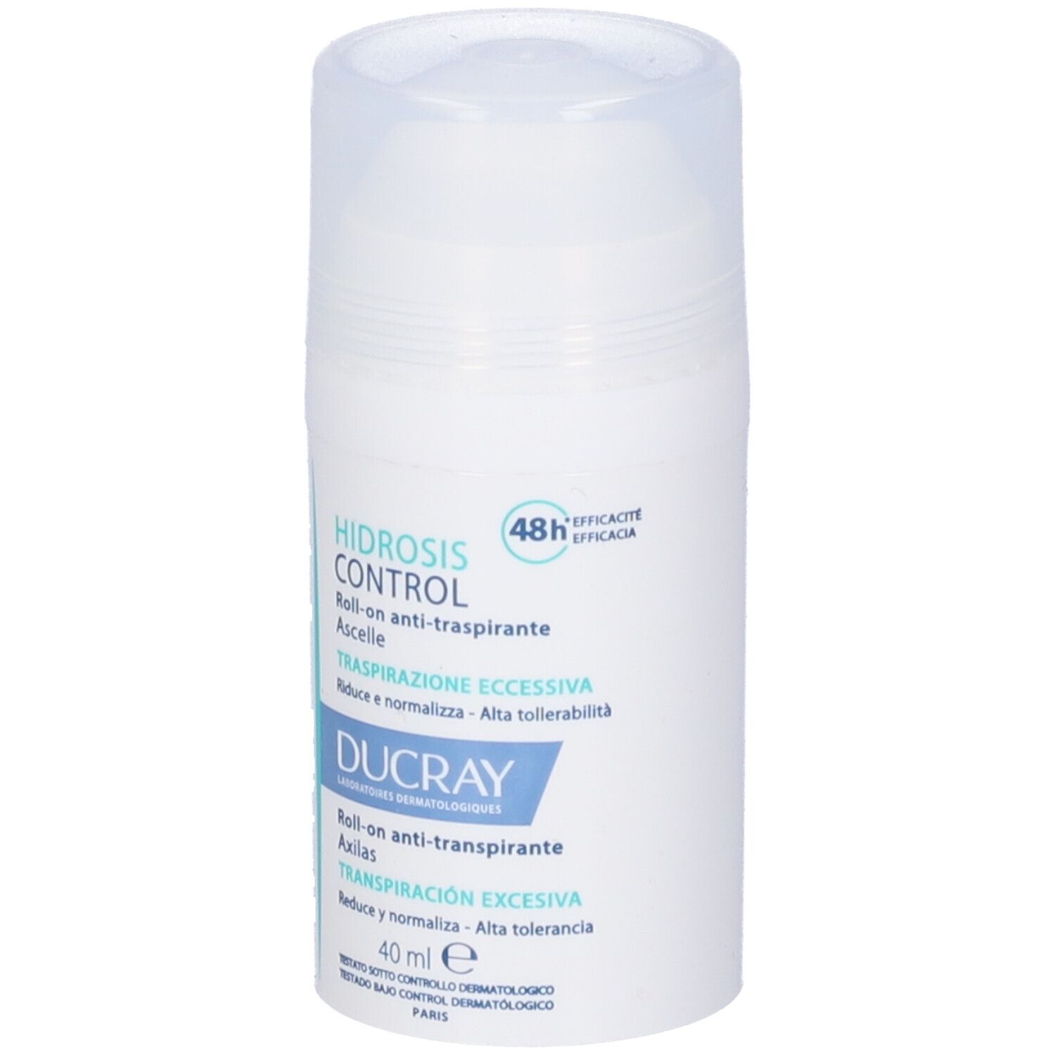 Roll-on bianco con tappo. Scritta: Hidrosis Control, Ducray. Anti-traspirante per ascelle.
