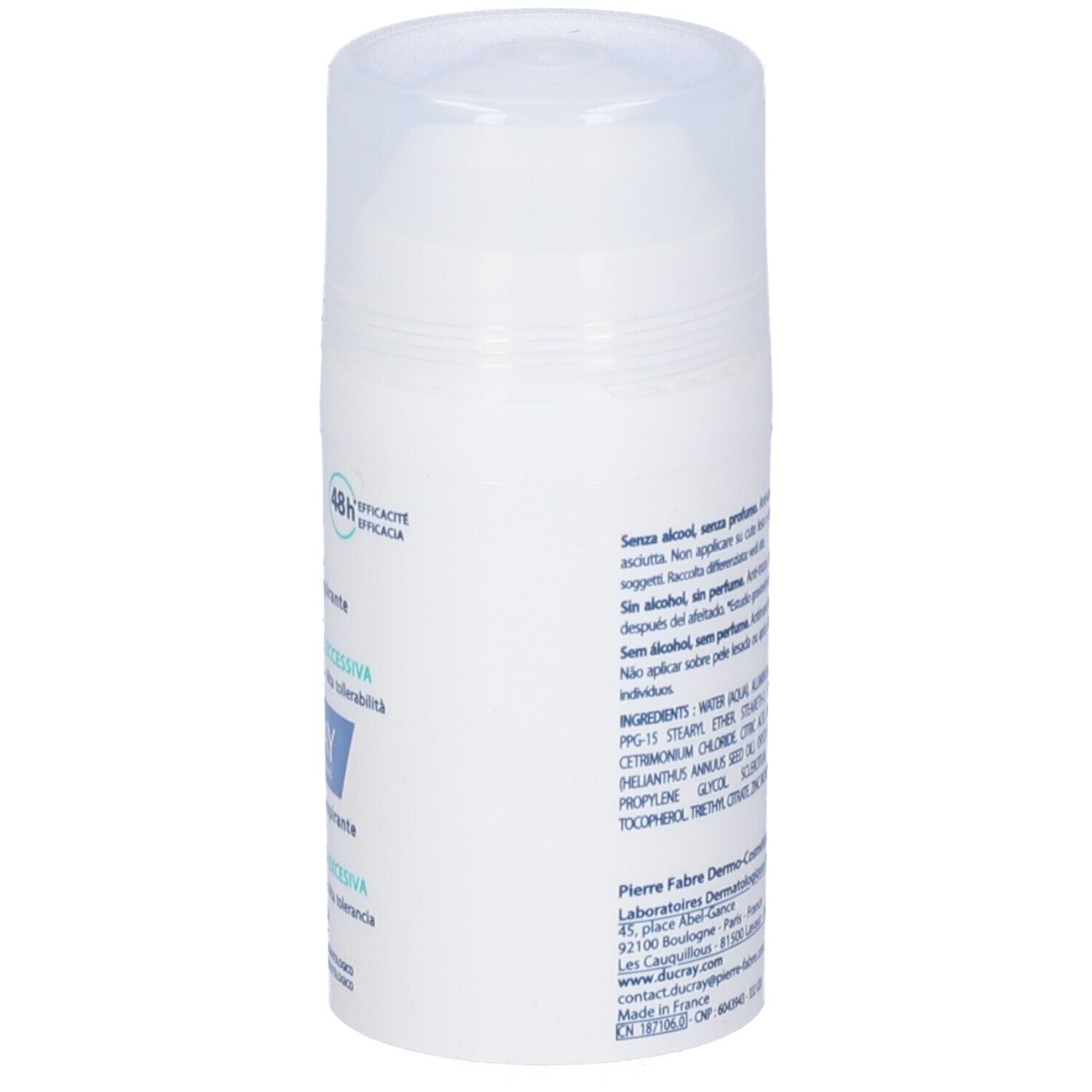 Retro del roll-on bianco. Testo: ingredienti, istruzioni per l'uso, informazioni sul produttore.