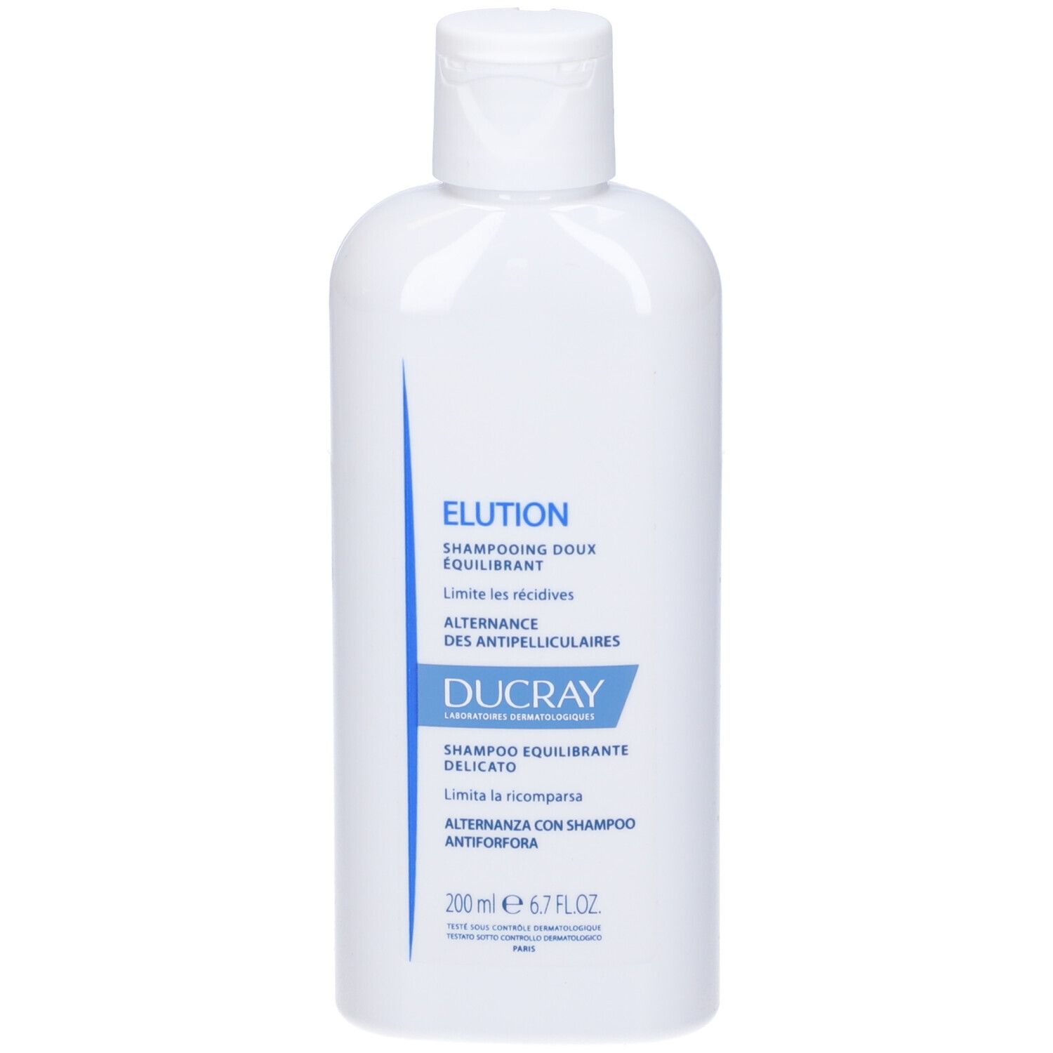 Flacone bianco con etichetta blu. Scritta: Elution, Shampooing doux équilibrant, Ducray. 200 ml.