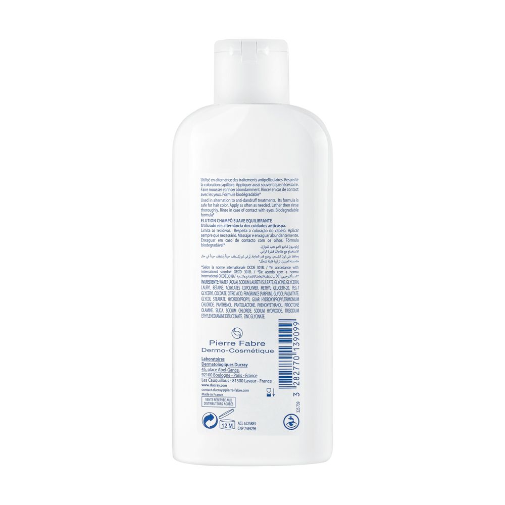 Retro di un flacone bianco. Testo multilingue. Marchio: Pierre Fabre. Codice QR e simbolo di riciclaggio.