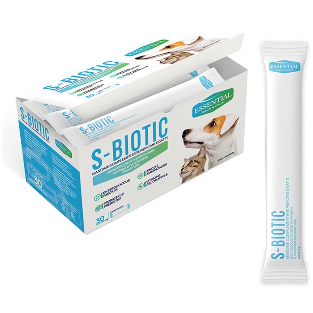 Scatola bianca con bustine di prodotto. Scritta: S-BIOTIC, ESSENTIAL. Bustina singola accanto.