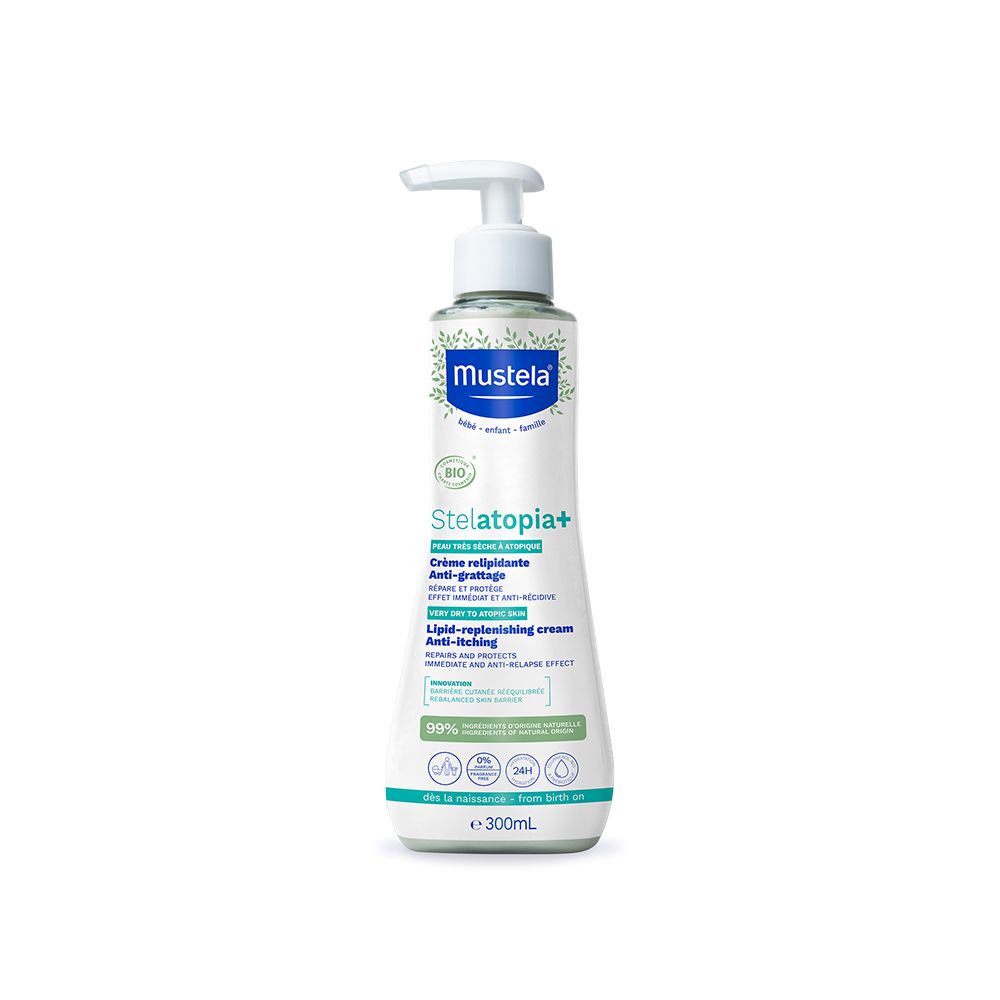 Mustela Stelatopia+ crema. Flacone bianco con dosatore. Nome del prodotto e dettagli sull'etichetta. 300ml.