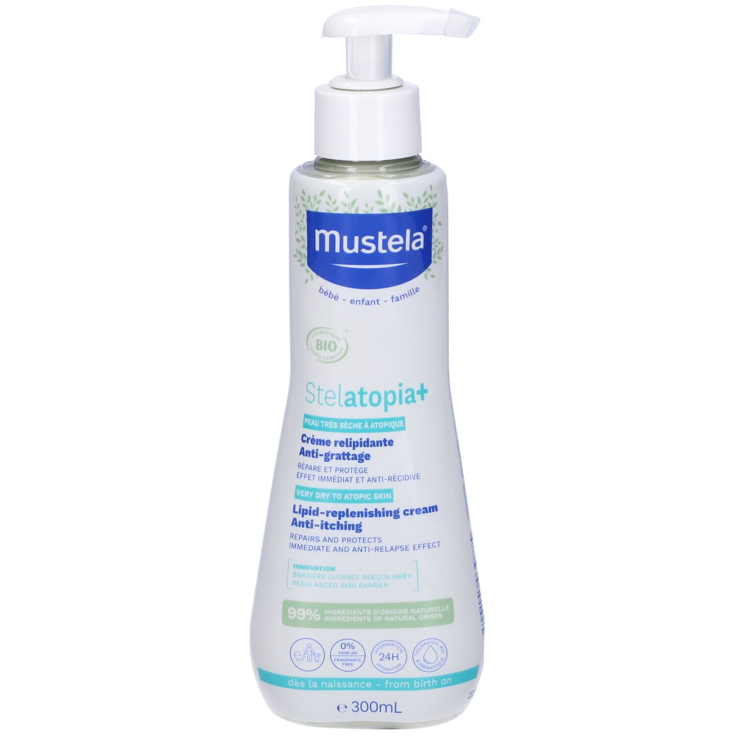Mustela Stelatopia+ crema. Flacone bianco con dosatore. Nome del prodotto e dettagli sull'etichetta. 300ml.