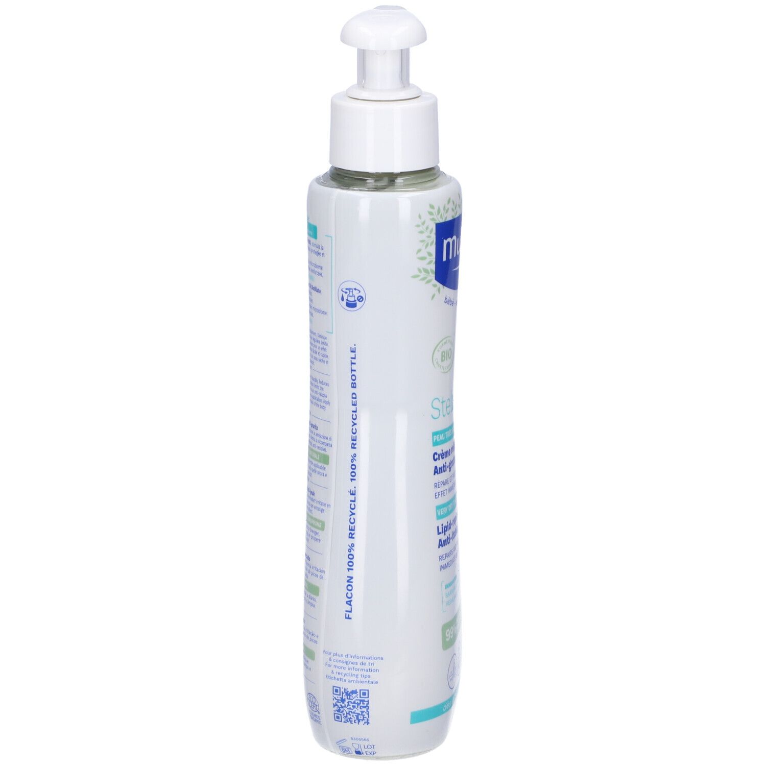 Mustela Stelatopia+ crema. Flacone bianco con dosatore. Nome del prodotto e dettagli sull'etichetta. 300ml.
