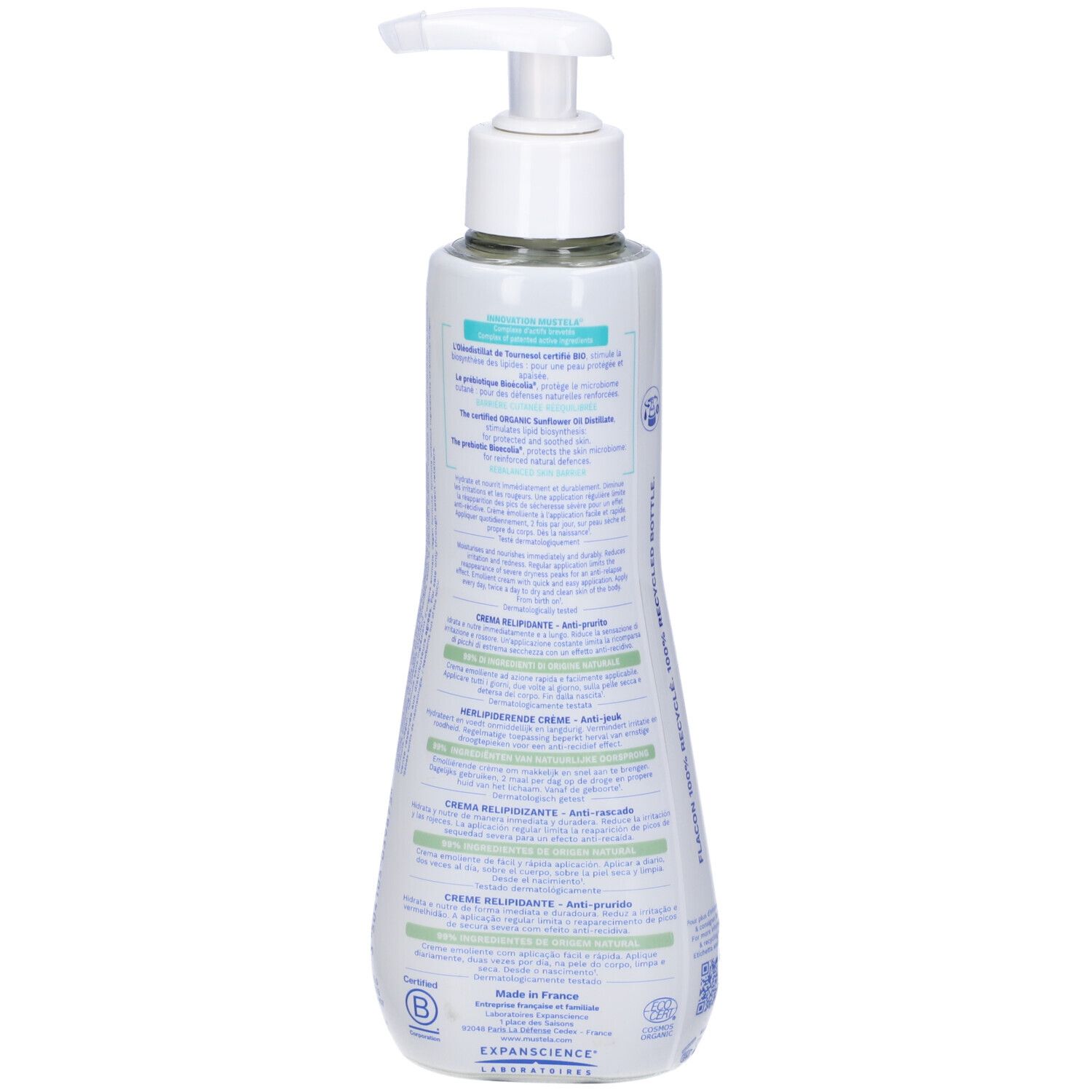 Retro del flacone di crema Mustela Stelatopia+. Informazioni testuali e loghi. Flacone in materiale riciclato.