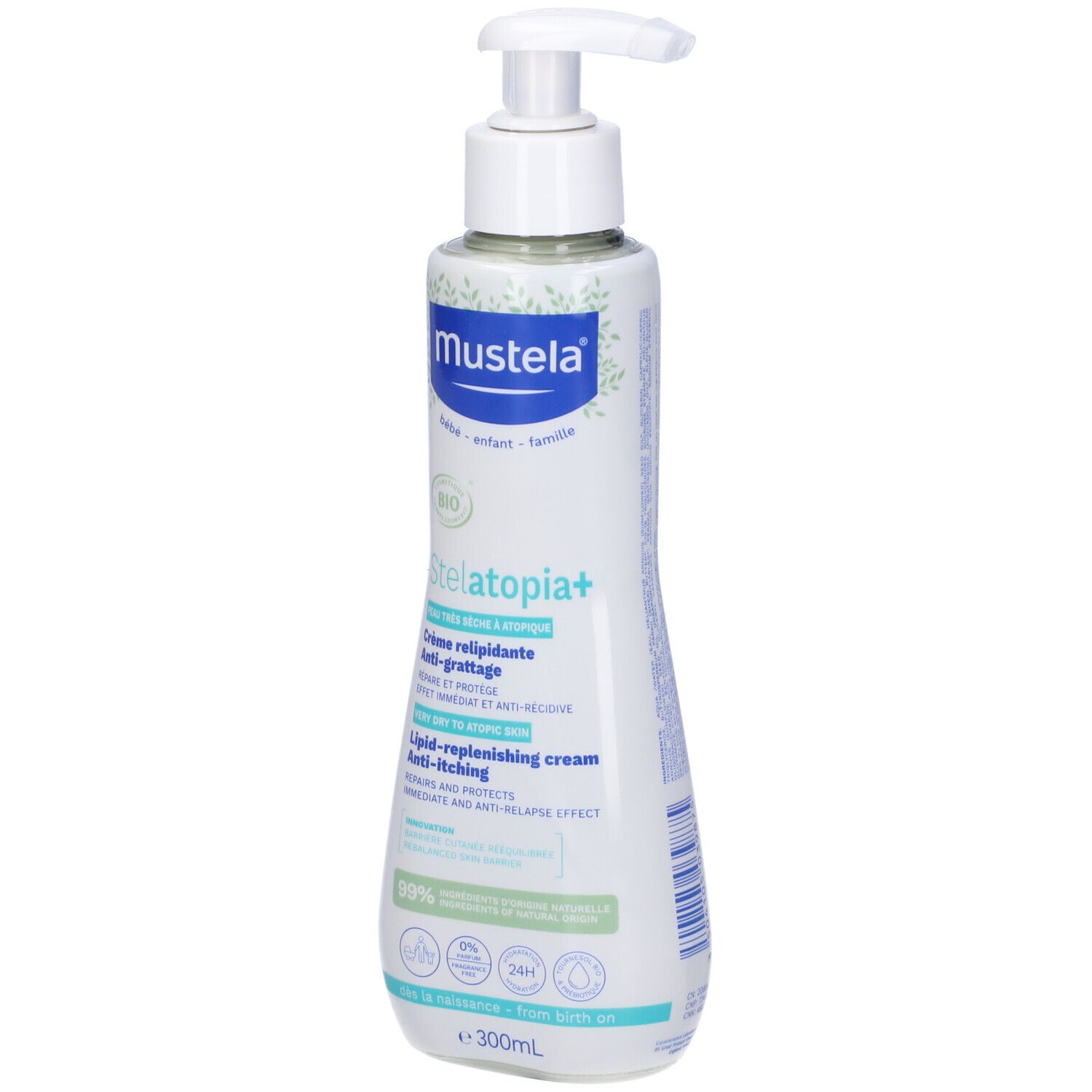 Mustela Stelatopia+ crema. Flacone bianco con dosatore. Nome del prodotto e dettagli sull'etichetta. 300ml.