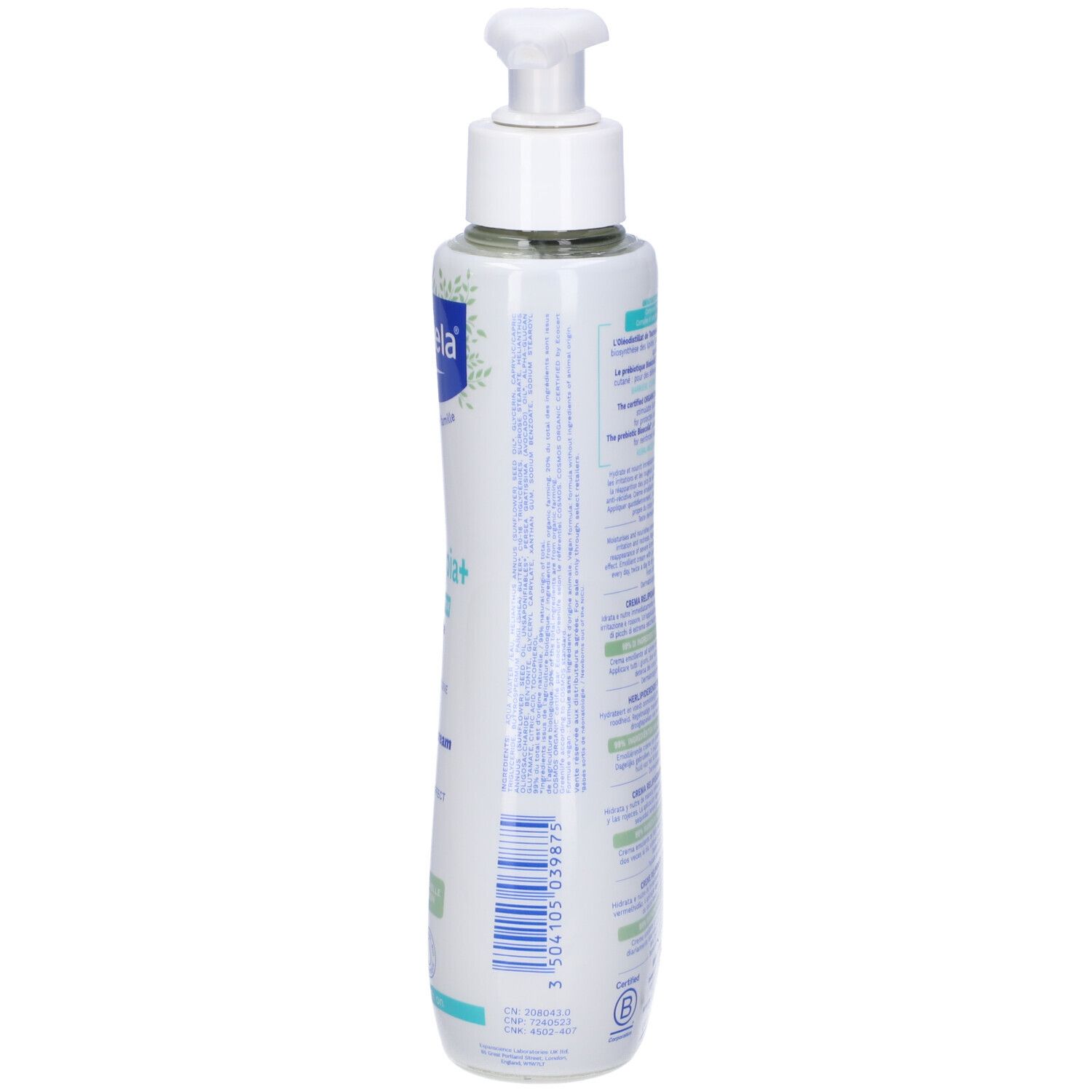 Lato del flacone di crema Mustela Stelatopia+. Codice a barre e testo. Flacone in materiale riciclato.