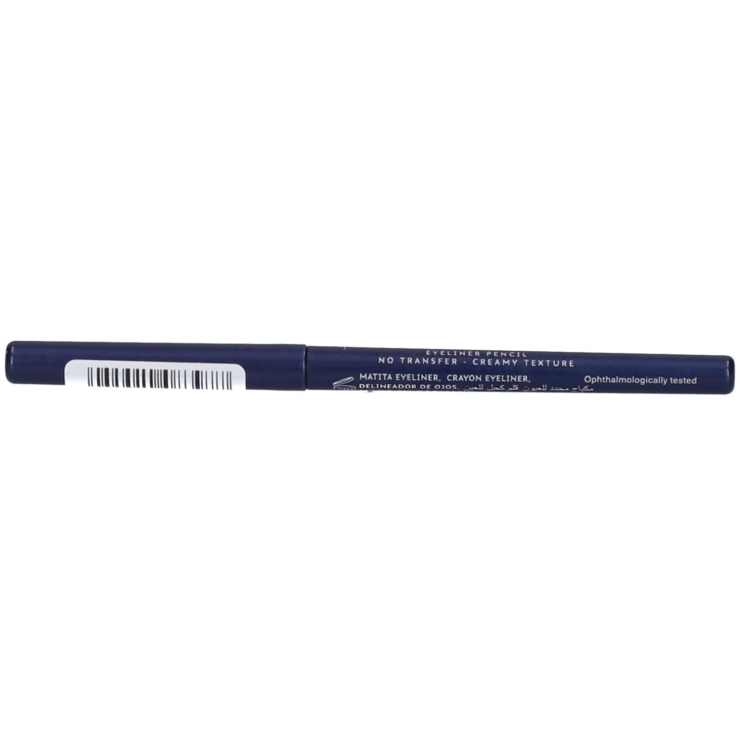 Matita occhi eyeliner blu. Scritte: EYELINER PENCIL, MATITA EYELINER, CRAYON EYELINER. Codice a barre.