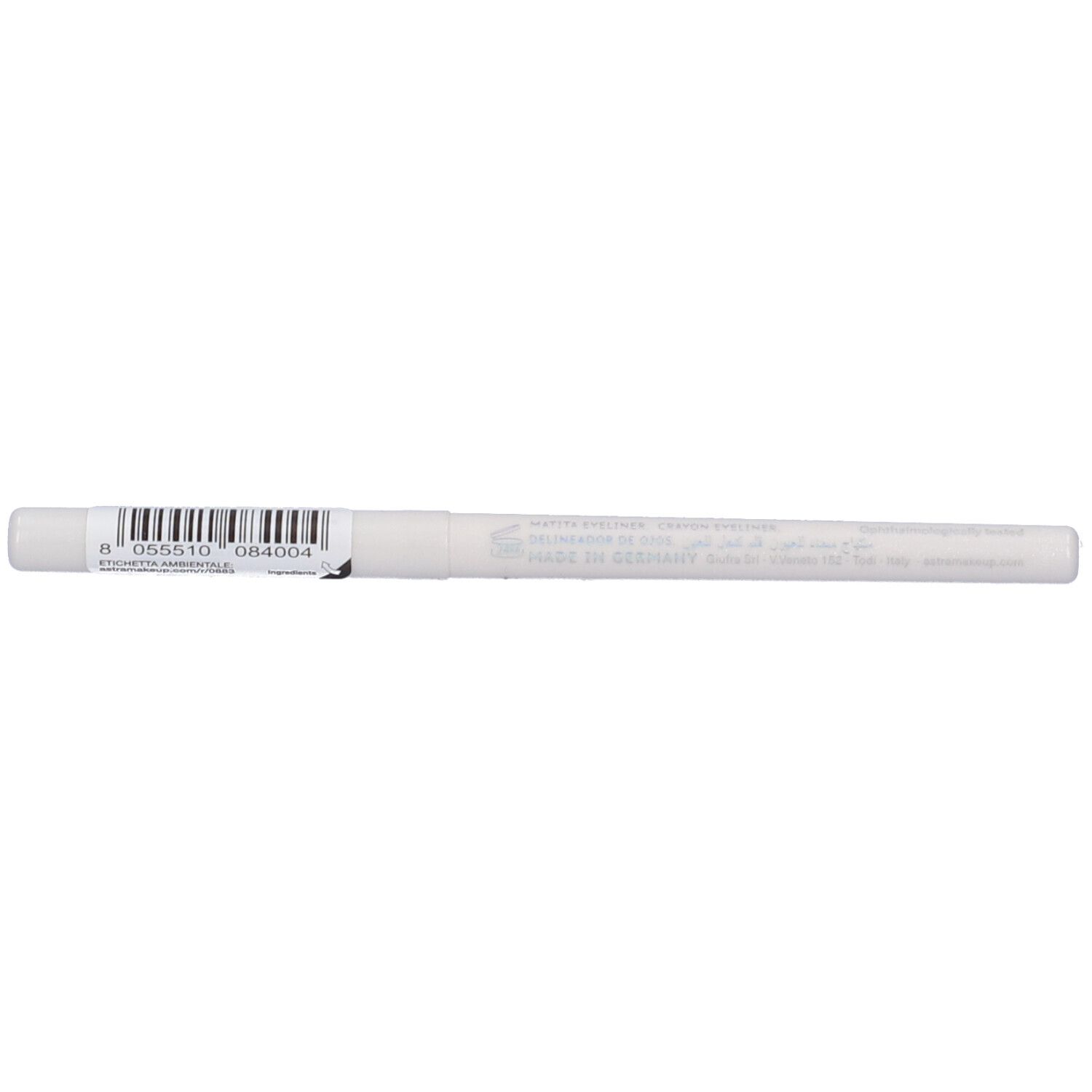 Eyeliner bianco retrattile. Codice a barre e testo: MADE IN GERMANY. Scritta: ASTRA.