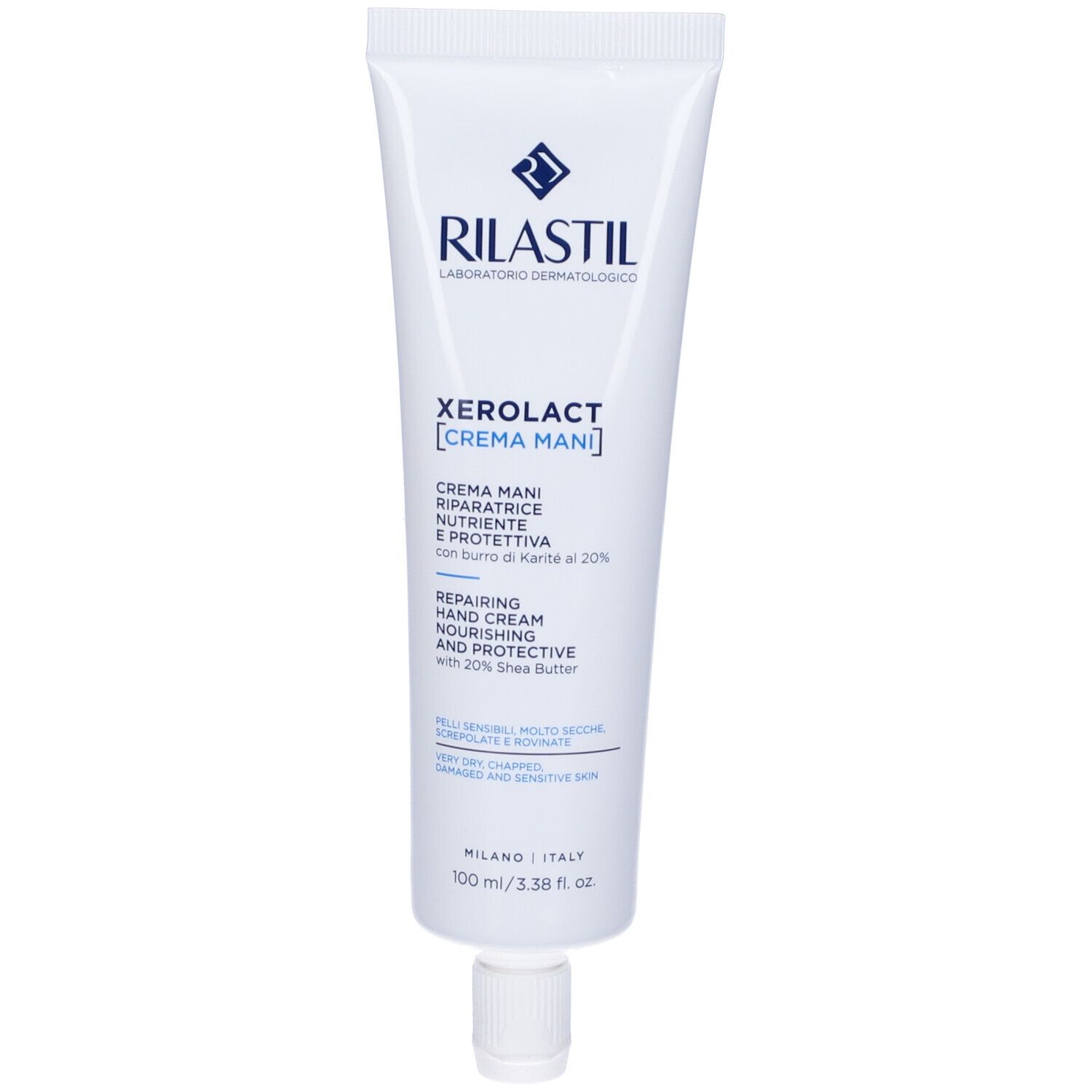 Tubo bianco Rilastil Xerolact Crema Mani. Crema mani riparatrice, 100ml.