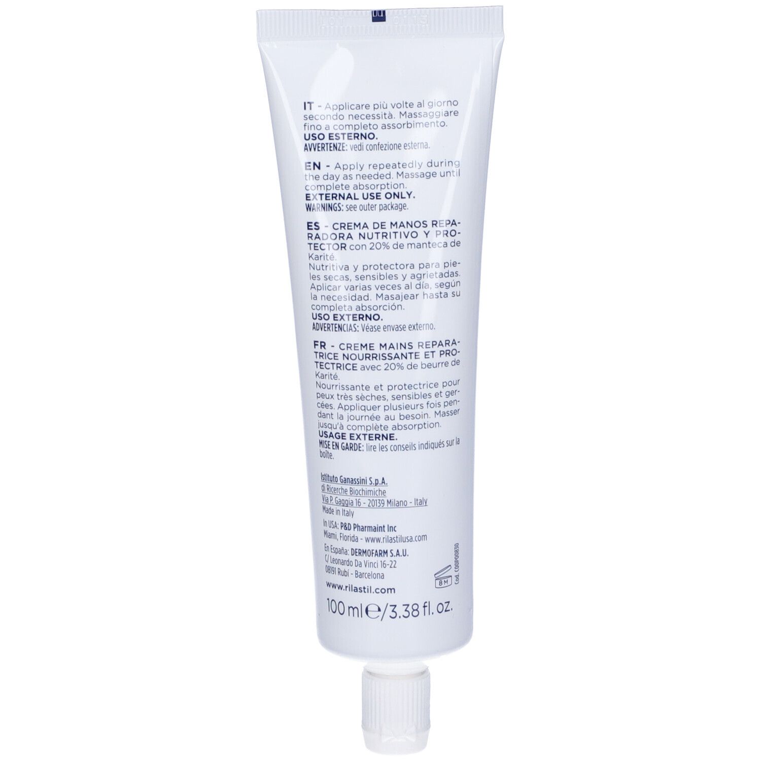 Retro del tubo bianco Rilastil Xerolact Crema Mani. Testo multilingue.