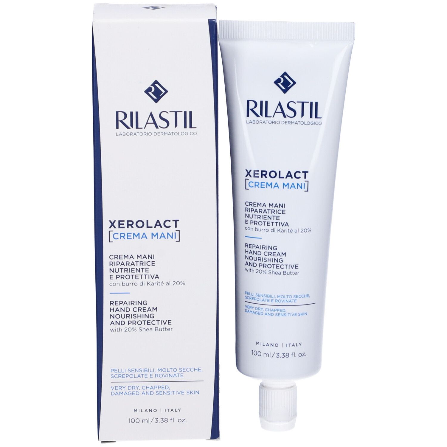 Tubo e scatola Rilastil Xerolact Crema Mani. Crema mani riparatrice, 100ml.