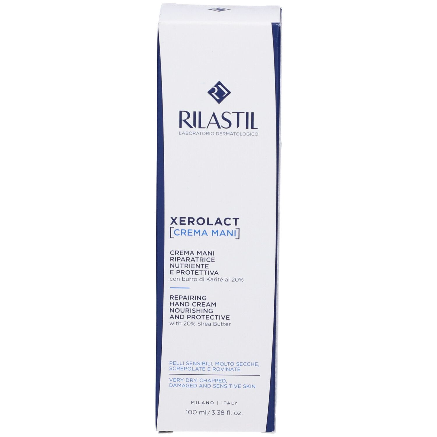 Scatola Rilastil Xerolact Crema Mani. Crema mani riparatrice, 100ml.