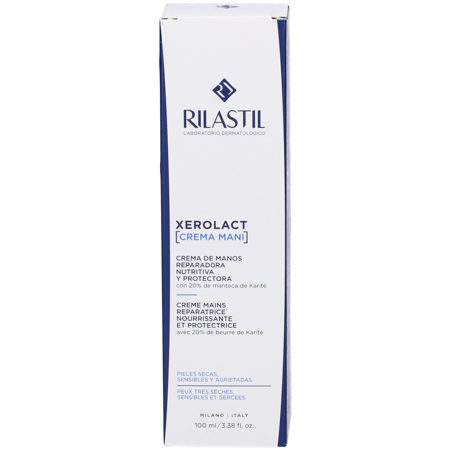 Lato della scatola Rilastil Xerolact Crema Mani. Informazioni prodotto in francese.
