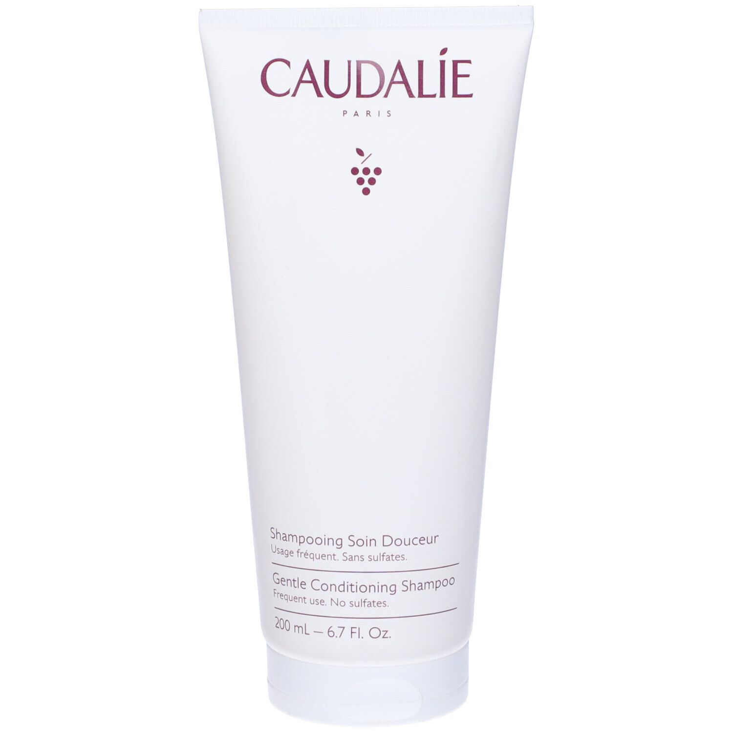 Tubo bianco con logo CAUDALIE e simbolo dell'uva. Scritta: Shampooing Soin Douceur, Gentle Conditioning Shampoo.