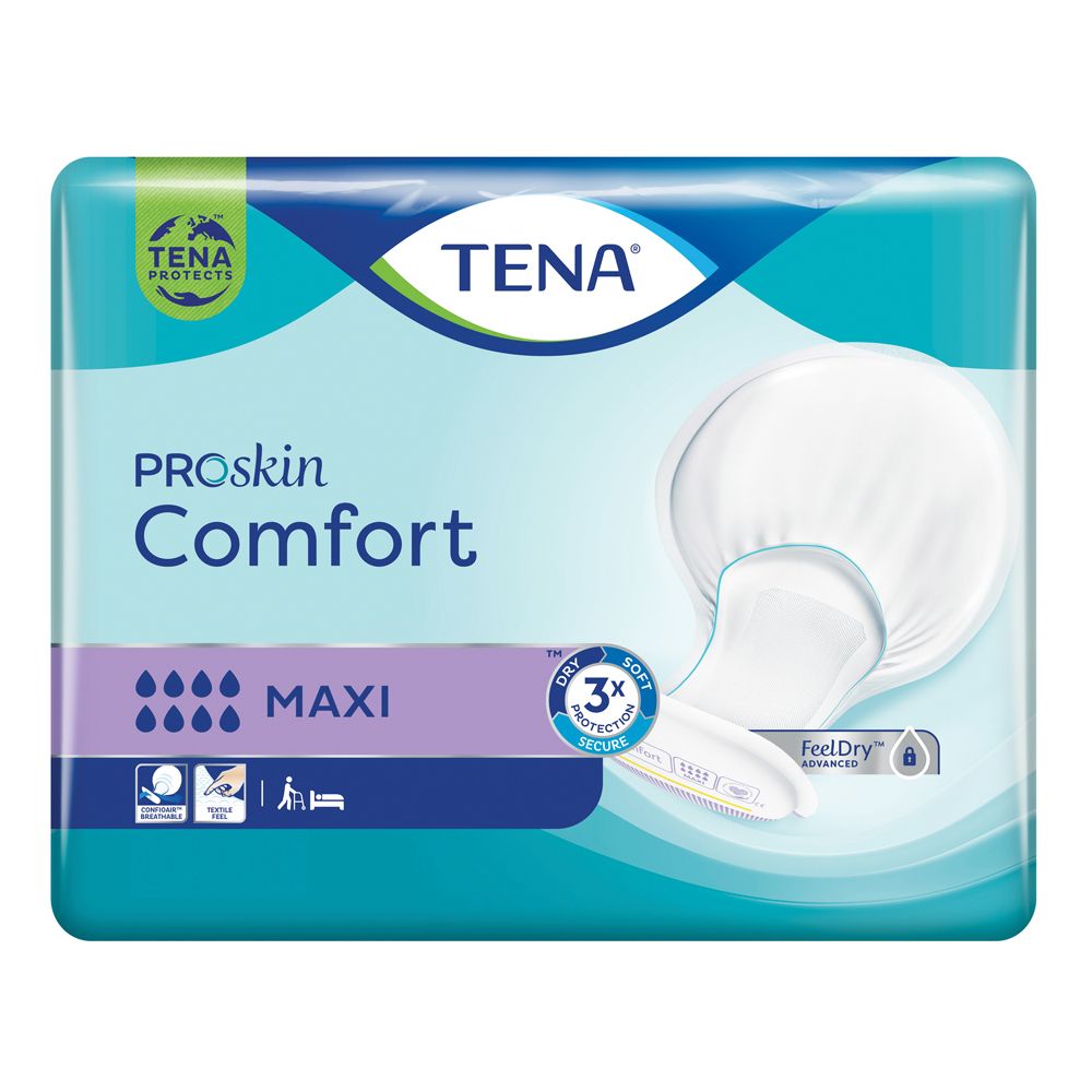 TENA ProSkin Comfort Maxi. Confezione con immagine del prodotto. Logo, nome del prodotto, indicatore di assorbenza, certificazione.