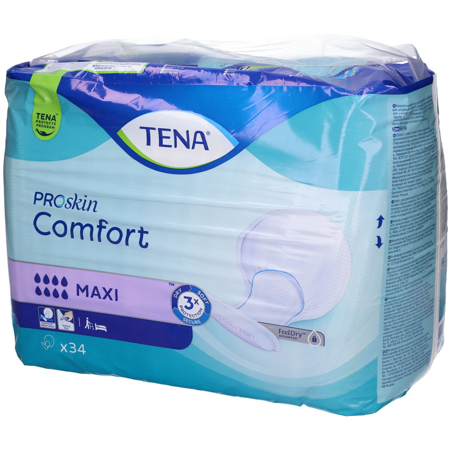 TENA ProSkin Comfort Maxi, confezionato in plastica. Nome prodotto, indicatore assorbenza, certificazione, contenuto: 34 pezzi.