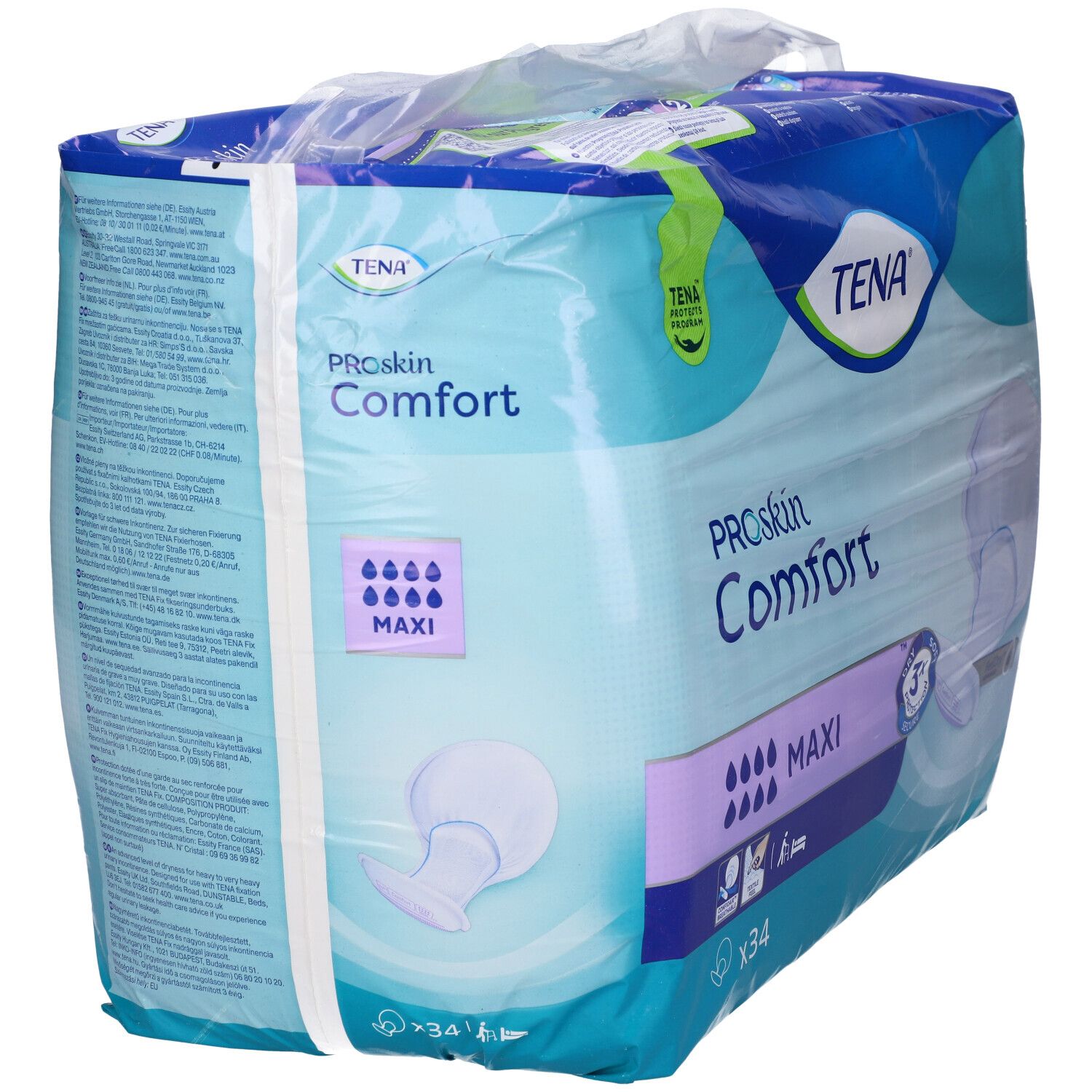 TENA ProSkin Comfort Maxi, confezionato in plastica. Nome prodotto, indicatore assorbenza, contenuto: 34 pezzi. Vista obliqua.