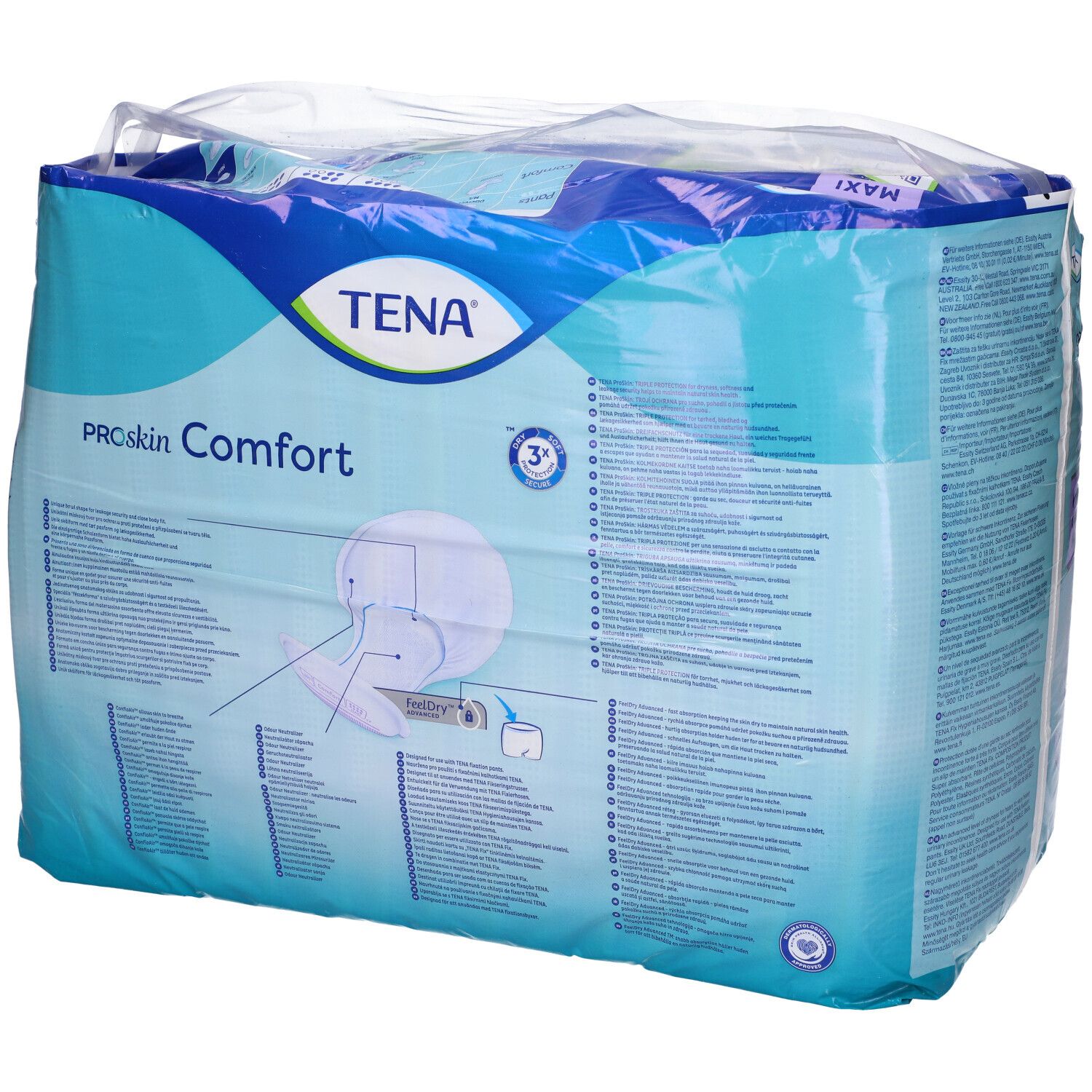 TENA ProSkin Comfort Maxi, confezionato in plastica. Nome prodotto, indicatore assorbenza, contenuto: 34 pezzi. Vista obliqua.