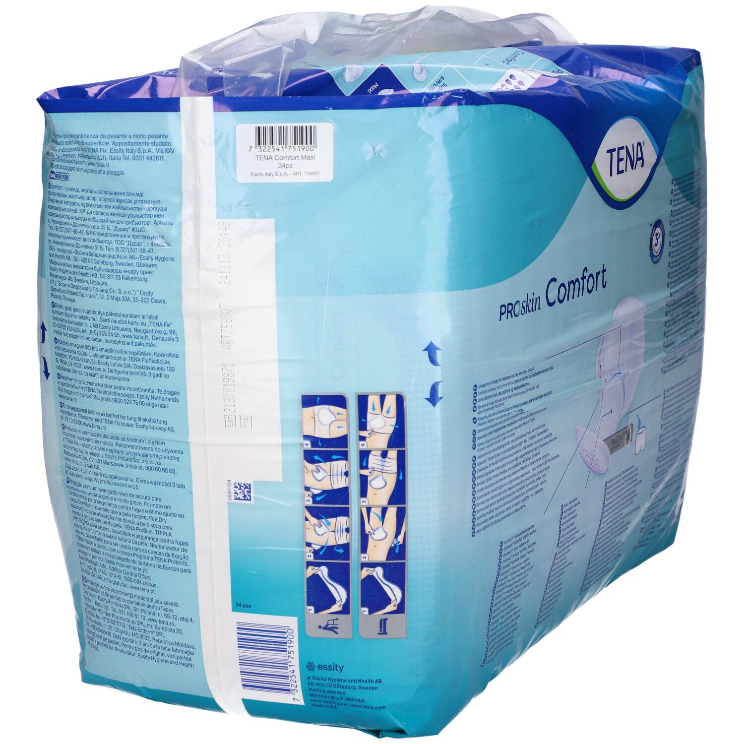 TENA ProSkin Comfort Maxi, confezionato in plastica. Retro della confezione con informazioni e istruzioni per l'uso.