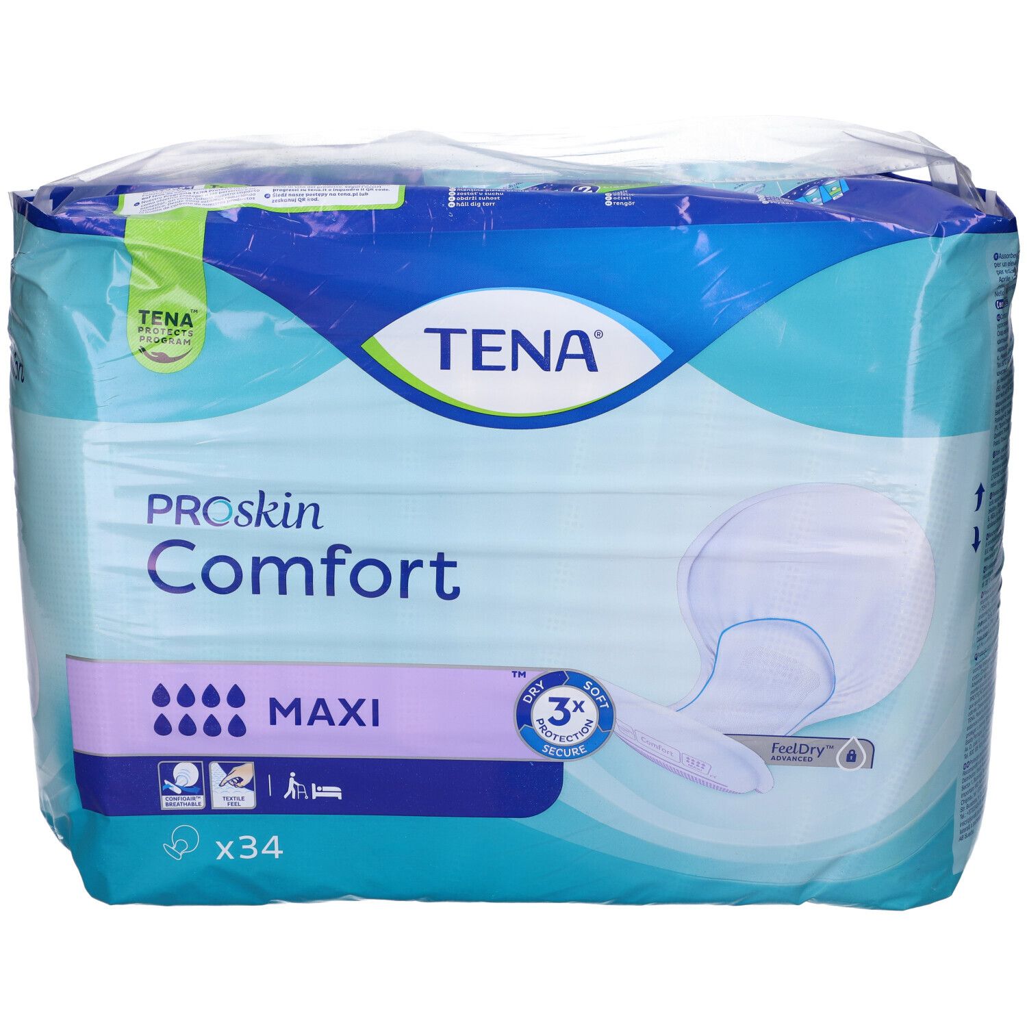 TENA ProSkin Comfort Maxi, confezionato in plastica. Nome prodotto, indicatore assorbenza, contenuto: 34 pezzi. Vista obliqua.